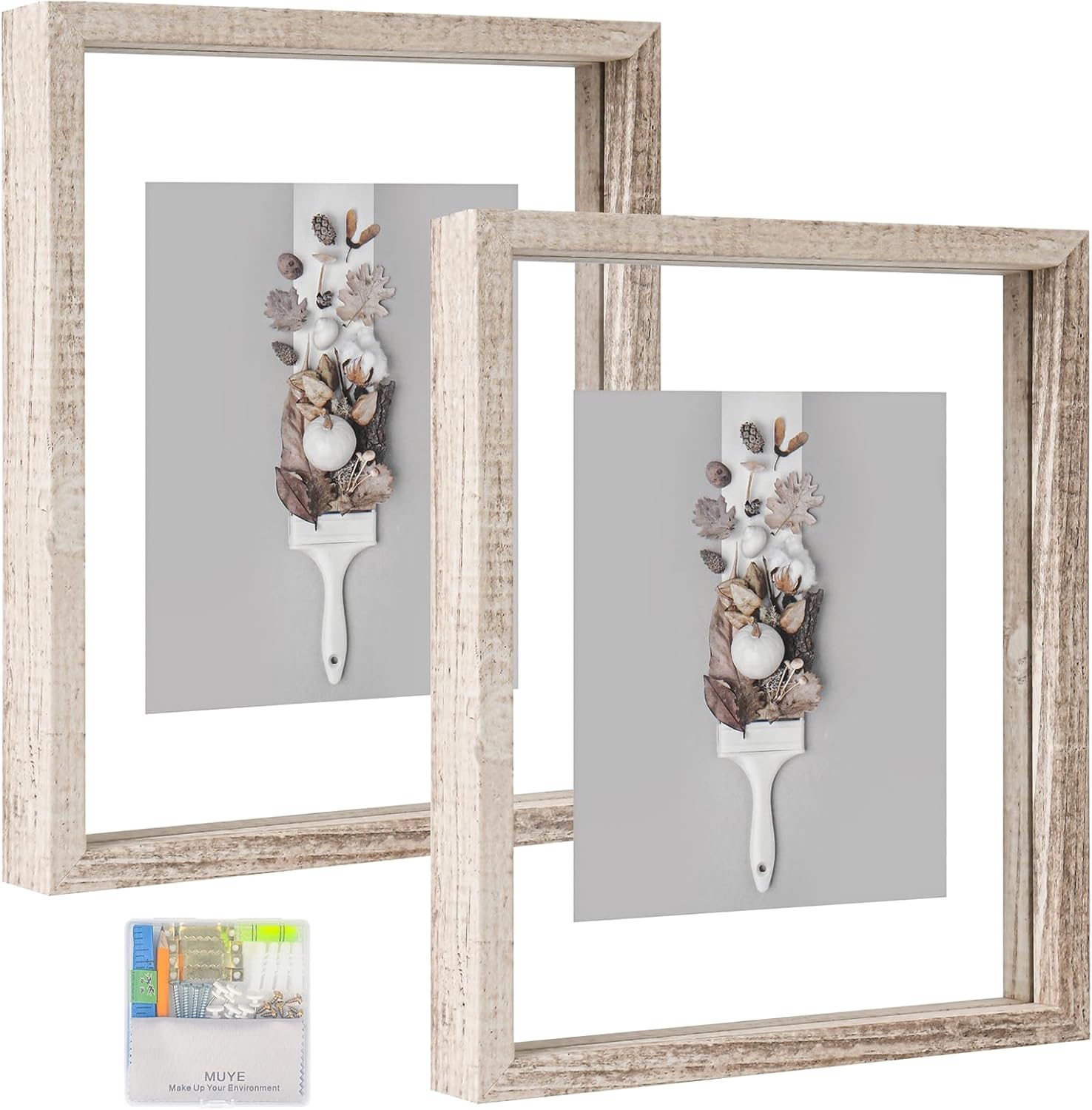 MUYE 8x10 Floating Frame Distressed Beige White Wood Pattern,Double Glass Picture Frame Set of 2 Display Any Size Photo up to 8x10,Wall Mount or Tabletop Stand Distressed Beige 8x10