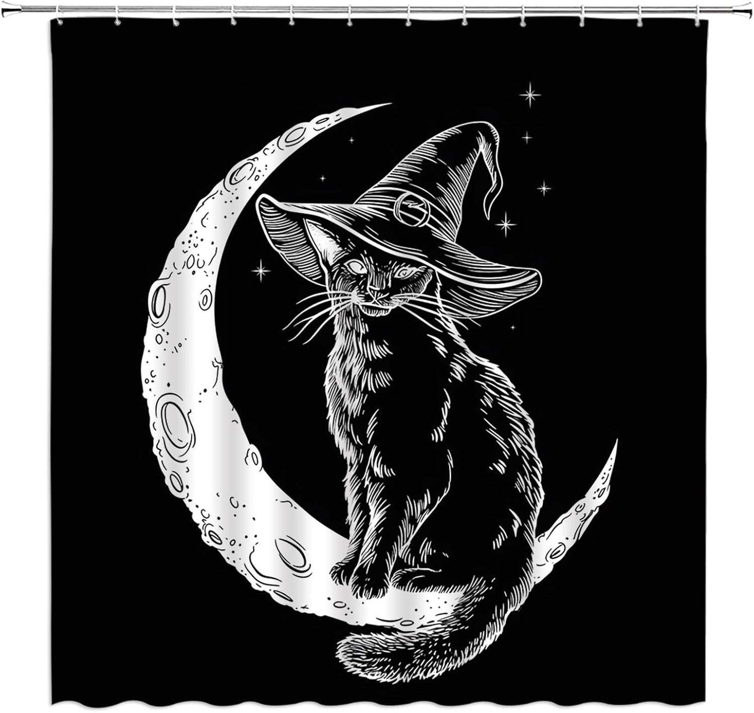 Halloween Cat Shower Curtain Black Cat Gothic Magic Hat Spooky Moon Fabric Bathroom Decor Set with Hooks(180" Wx70 H)