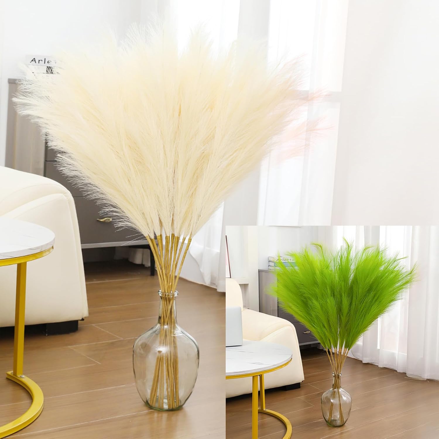 43" Faux Pampas Grass Decor Beige & Green - Artificial Pampas Grass Small Pampas Grass Fluffy Pompas Floral Arrangement