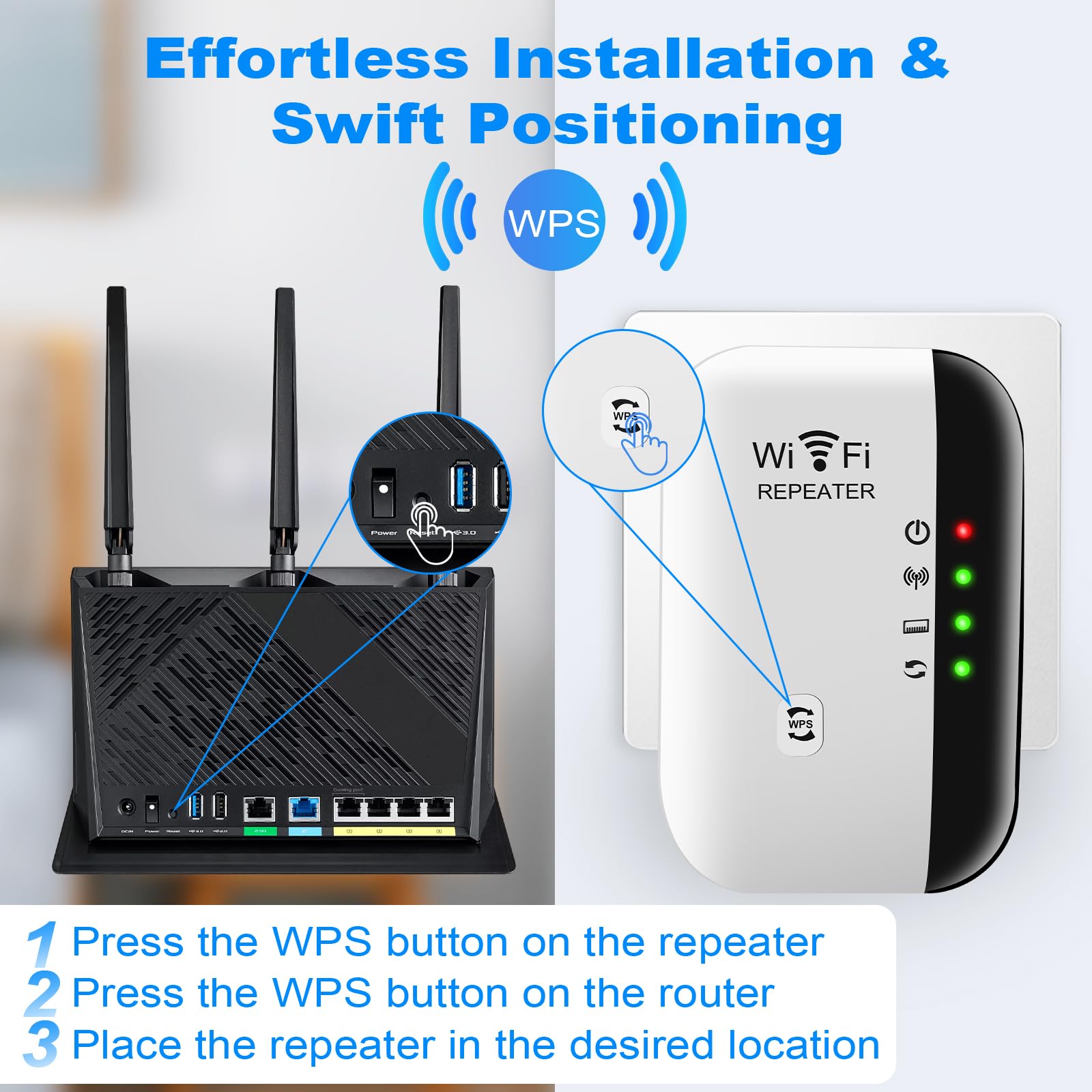 Ripetitore WiFi 2.4 GHz, Wifi Extender 300Mbp/s con 360° Copertura, Ripetitore Wi-Fi Esterno con porta Ethernet e cavo RJ-45 Compatibile con Tutti i Wi-Fi Dispositivi