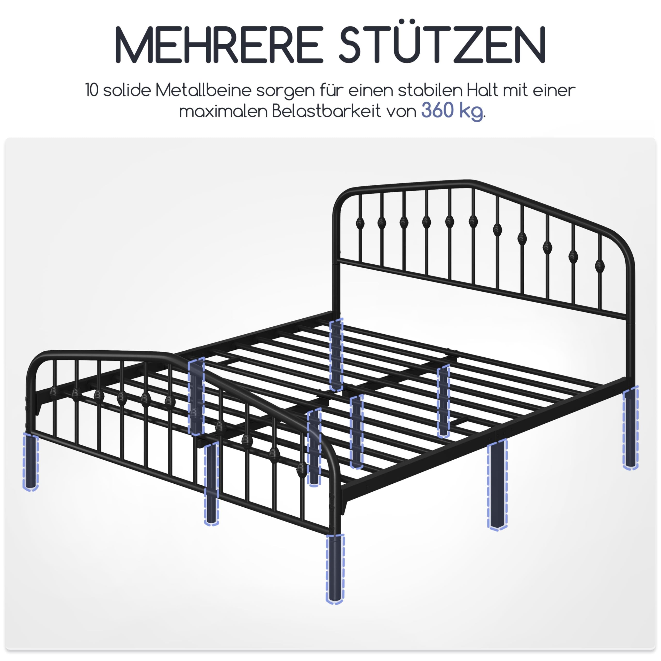 Yaheetech Bettrahmen 160 x 200 cm, Vintage Metallbett mit kronenförmigem Kopfteil, Stabiles Bettgestell Doppelbett aus Metall, Robust & Leichte Montage Gästebett Jugendbett Tagesbett, Schwarz