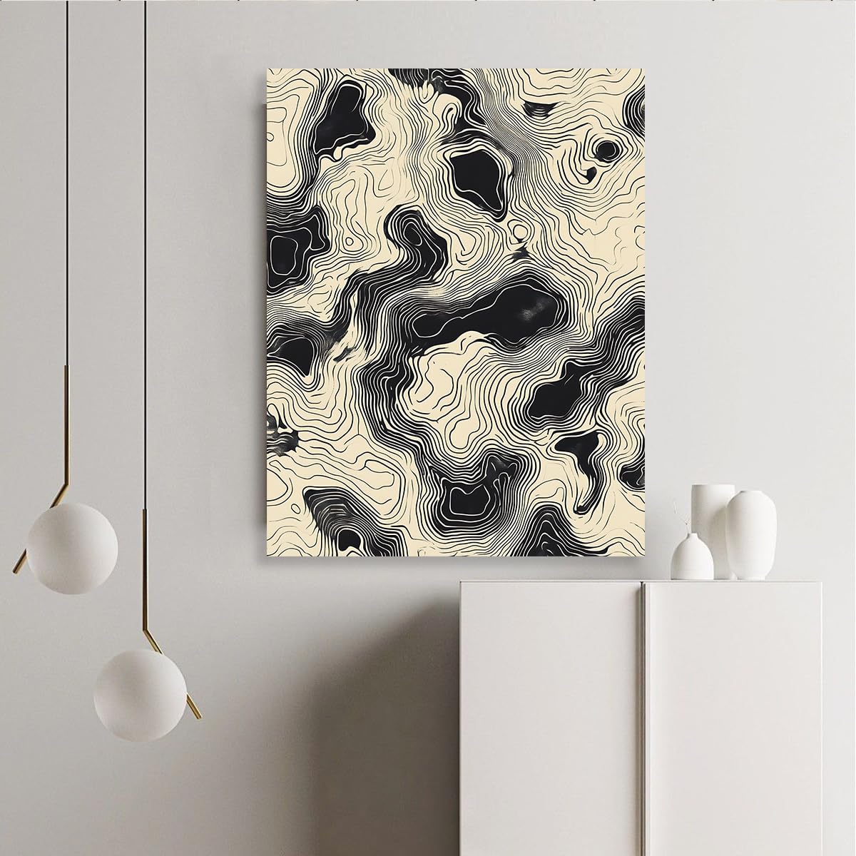 TOANGWALL Czarny Beżowy Mapa Topograficzna Płótno Sztuka ścienna Abstrakcyjne Linie Wzór Nowoczesny Minimalistyczny Zebra Fale Oprawione Mural Plakat do Salonu Biuro Wystrój korytarza 90 x 110 cm