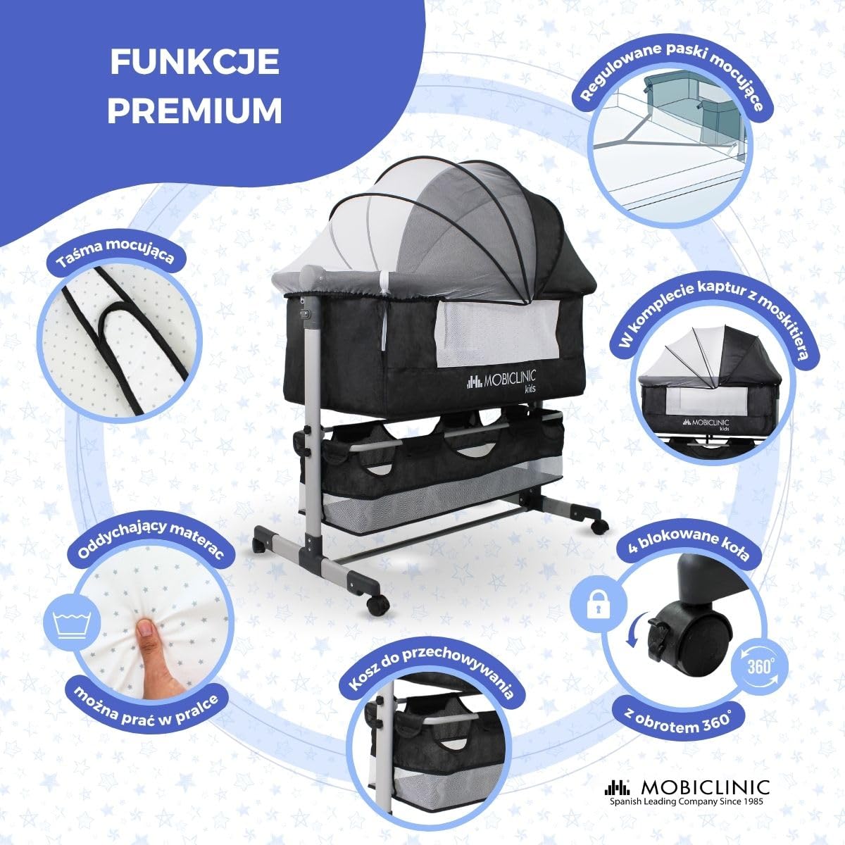 Mobiclinic®, Łóżeczko Nocne 3 w 1, Regulowana Wysokość, Materac, Moskitiera, Kółka 360°, Paski, Kosz do Przechowywania, do 20 kg, Czarne