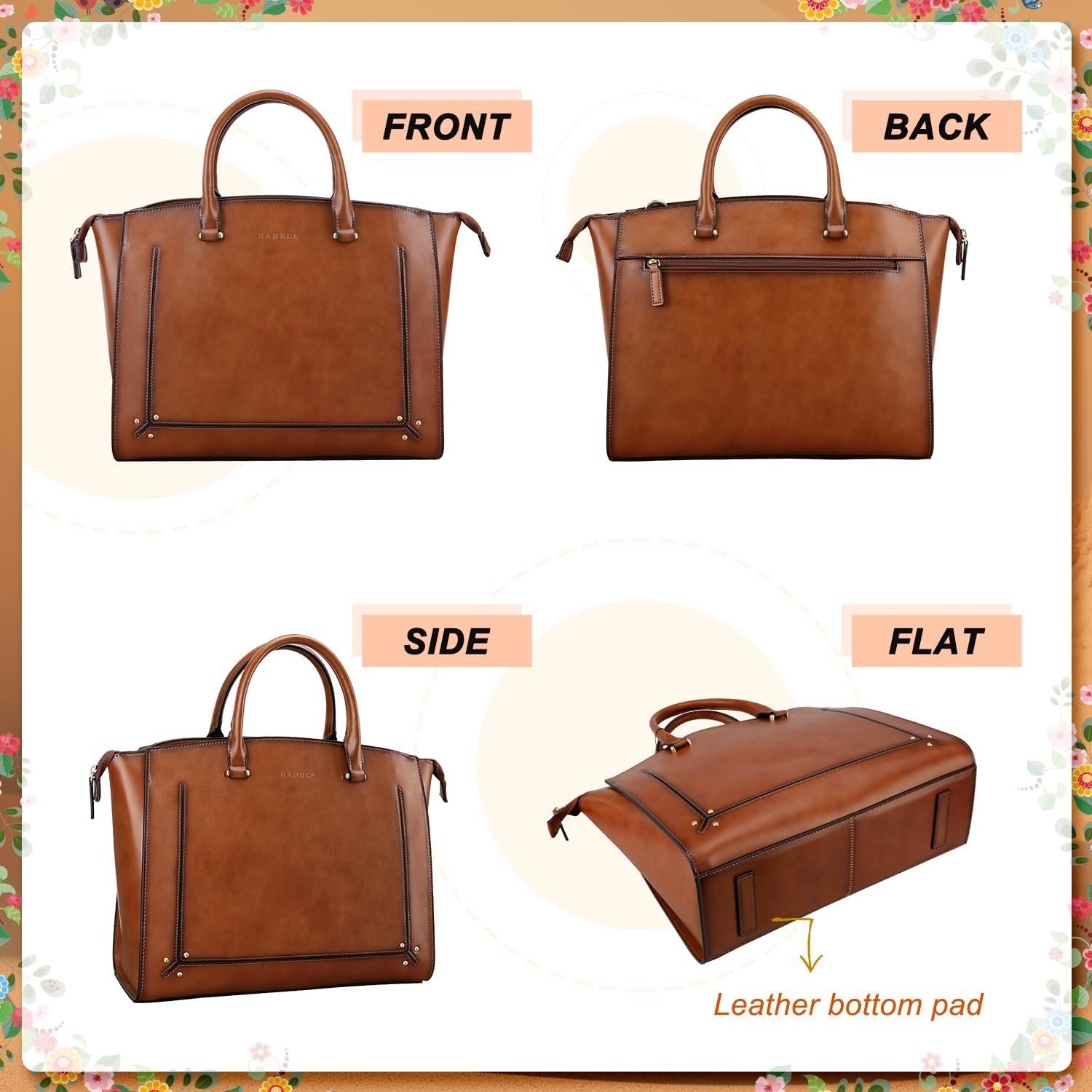 Banuce Vintage Leather Briefcase for Women Stylish 14 inch Laptop Tote Bag with Luggage Strap Brown