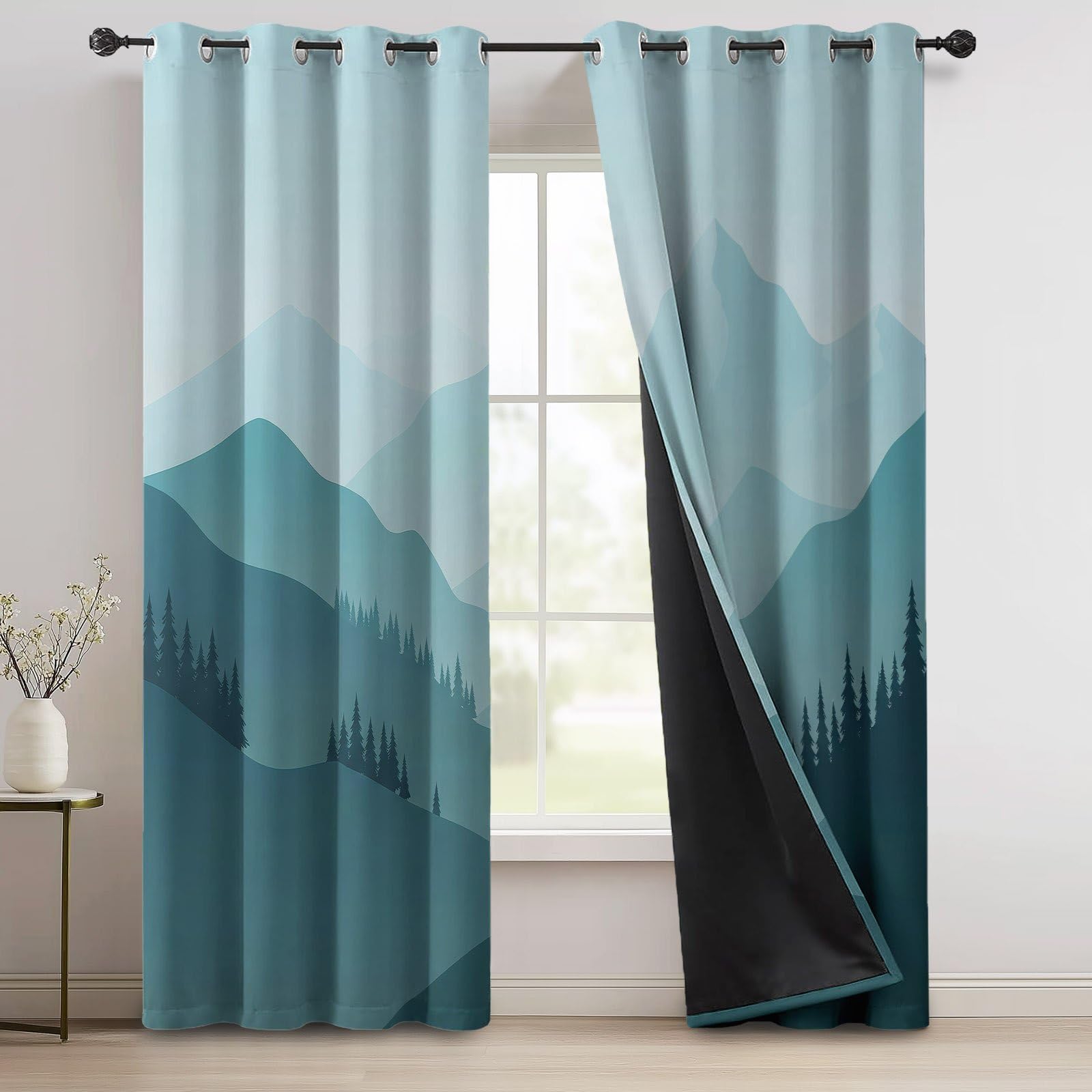 Cortinas opacas 100 % (alto x ancho x ancho): 260 x 140 cm (juego de 2 unidades), diseño escandinavo, con ojales, térmicas, montañas, pinos, paisaje forestal, cortinas opacas para dormitorio, salón