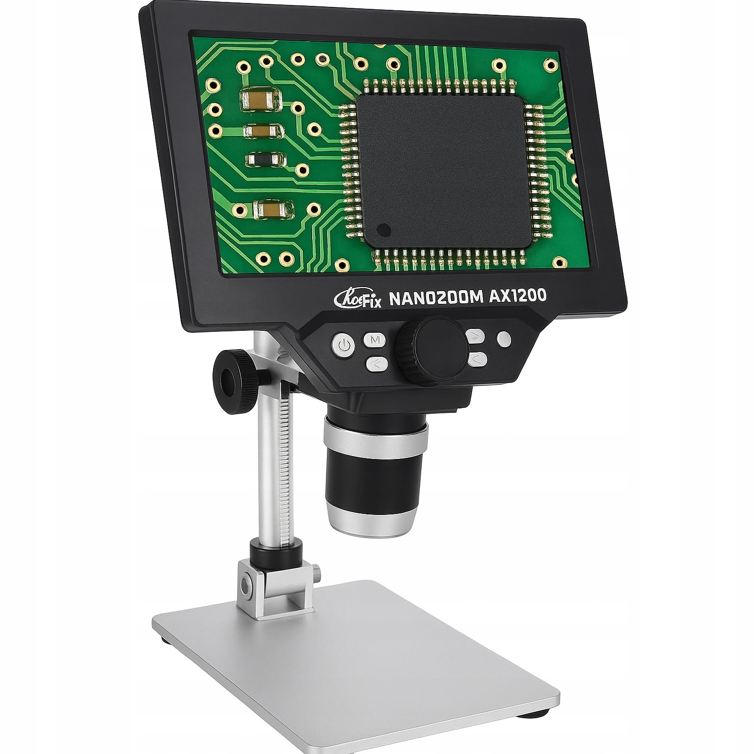 Rosfix NanoZoom AX1200 - Microscopio digital LCD 7" 12MP 1080P | Ampliación 1200x, LED, USB, microSD, soporte de aluminio | Análisis electrónico y biológico