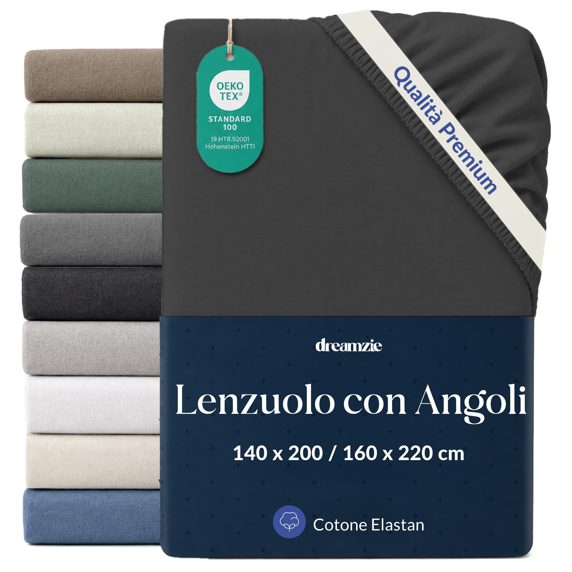 Dreamzie Lenzuolo con Angoli 140x200-160x220cm Grigio Scuro, Cotone | Jersey 97% cotone, 3% elastan · Certificato Oeko-Tex · Elastico 360° fino a 35 cm · Senza stiratura