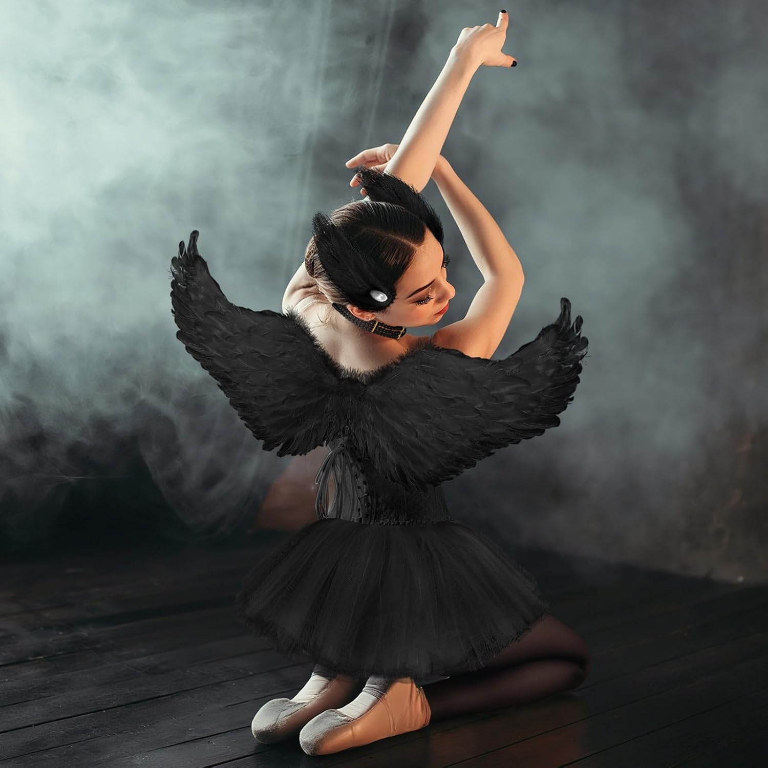 Mepase 6 Pcs Swan Costume for Women Bustier Corset Top Tutu Skirt Wings Pearl Choker Hair Clip Pantyhose