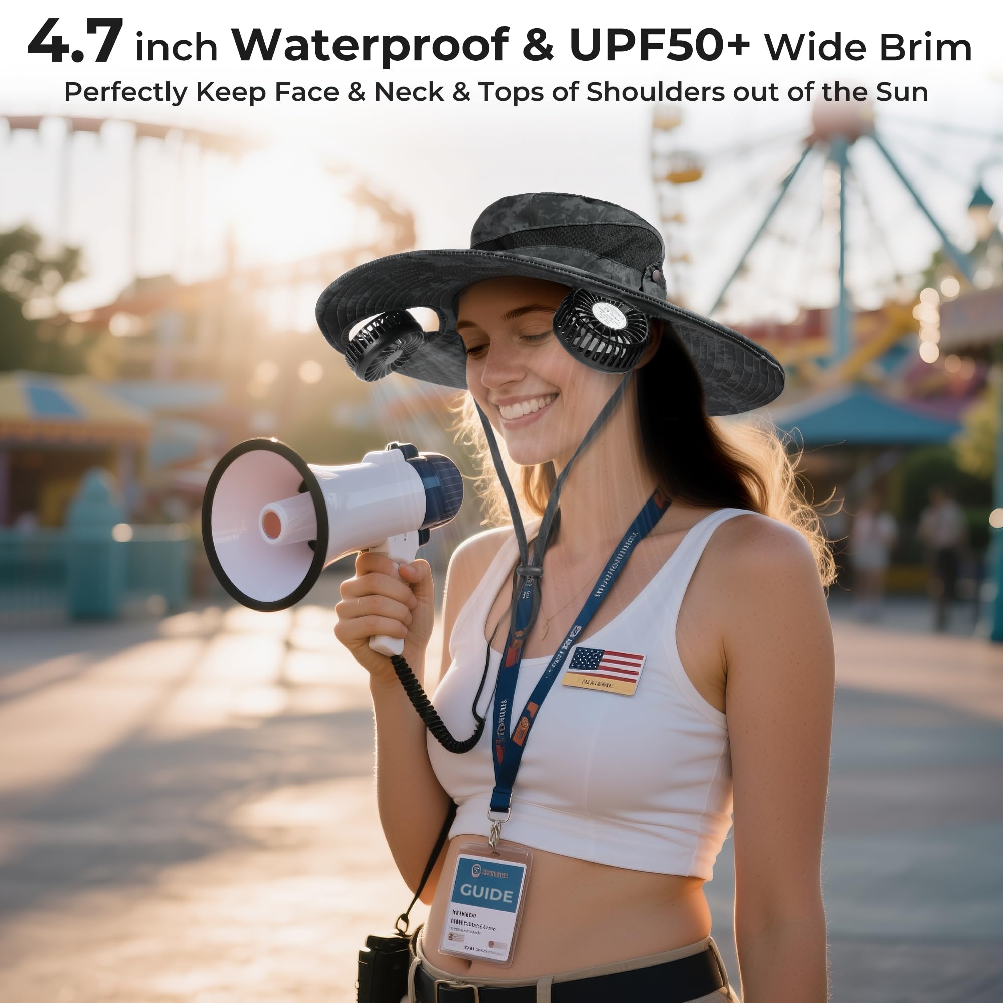 AMACOOL 2-in-1-Hutventilator mit abnehmbarem Hals-Ventilator, LSF 50+ breiter Krempe, 3-fach verstellbar, 2600 mAh, wiederaufladbar, Angelzubehör für Männer und Frauen, Camping, Reisen, Lieferung