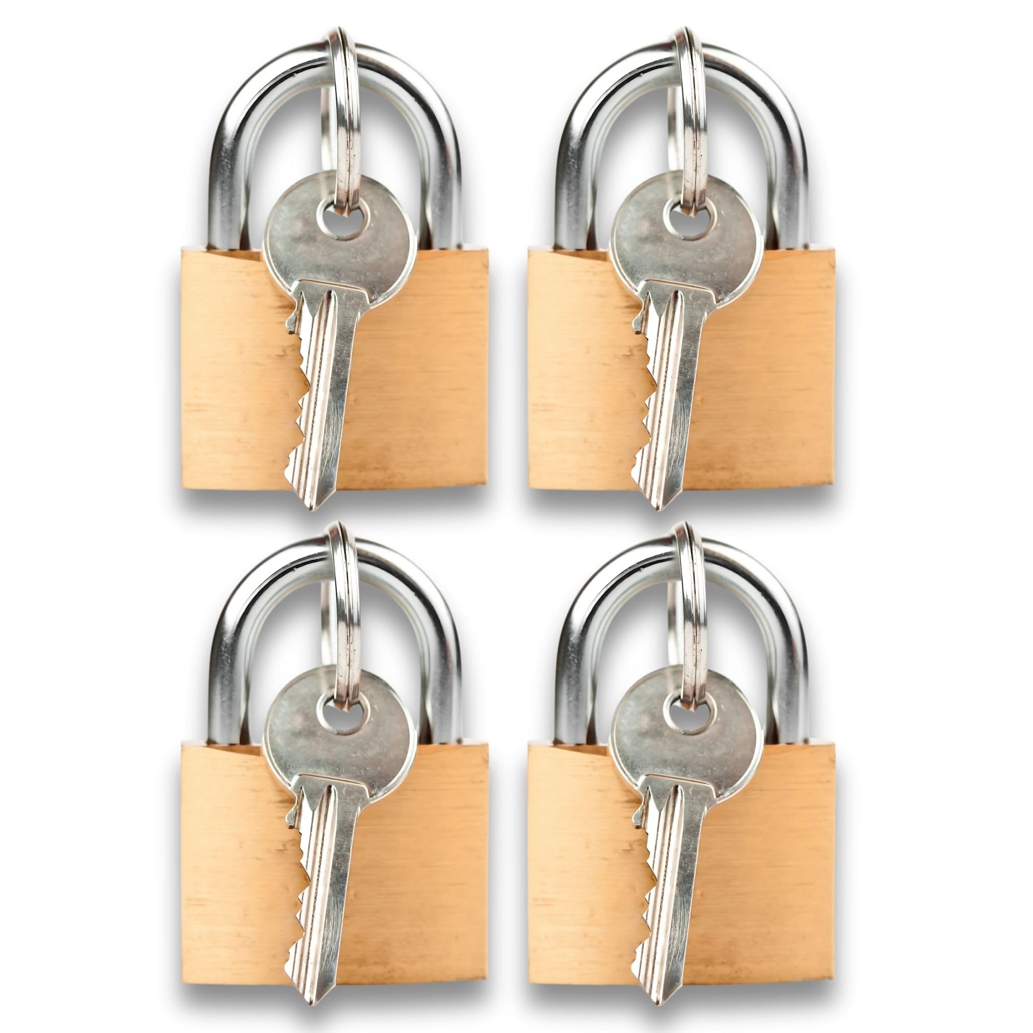 AKH® Pack of 4 Brass Keyed Padlocks | 20 mm Heavy Duty Padlocks with 2 Keys Each | Weatherproof, High-Security Shrouded Shackle for Outdoor Use, Shed, Gate, Locker, Toolbox, Luggage