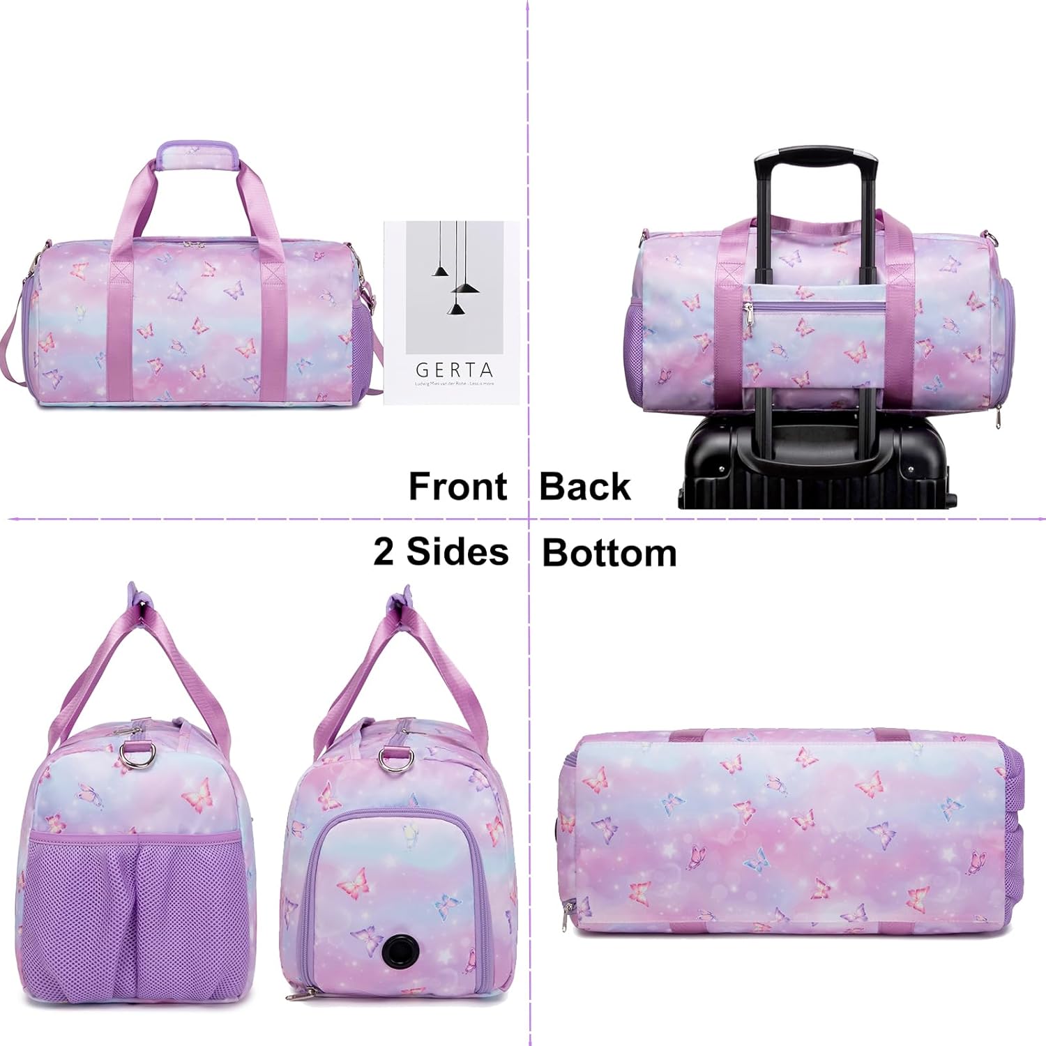 Butterfly Dance Bag for Girls,Gym Travel Duffle Bag Gymnastics Sports Dance Bag with Shoe Compartment - Image 4
