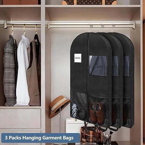 Miniatura 8 de Paquete de 3 bolsas de ropa de 43 pulgadas para almacenamiento en armario y bolsas de ropa de viaje para colgar ropa bolsa de traje con 2 bolsillos