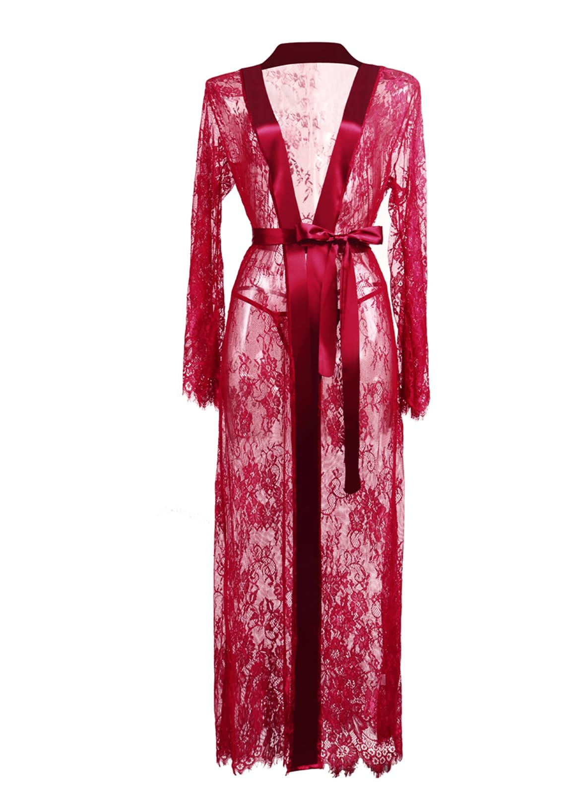 Sexy Women's Robes Long Sheer Mesh Kimonos Floral Lace Dressing Gown Silk V-neck Nightdresses Bathrobe Nightwear See Through Ladies Bridal Bridesmaid Dress Satin Belt Sleepwear Cover Up