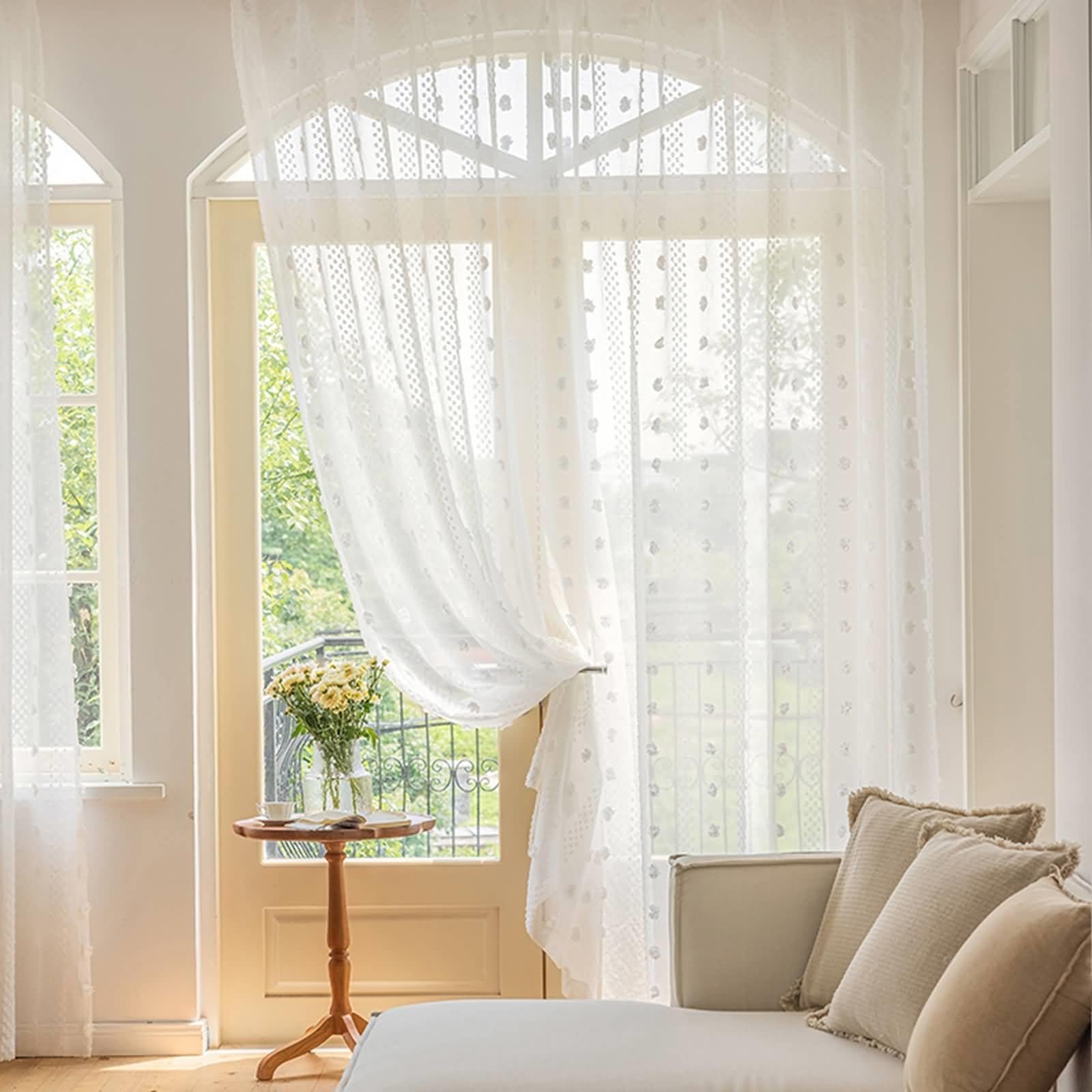 Voilage salon 100x50 à poche de tige Beydodo avec pompons en polyester blanc 2 pièces