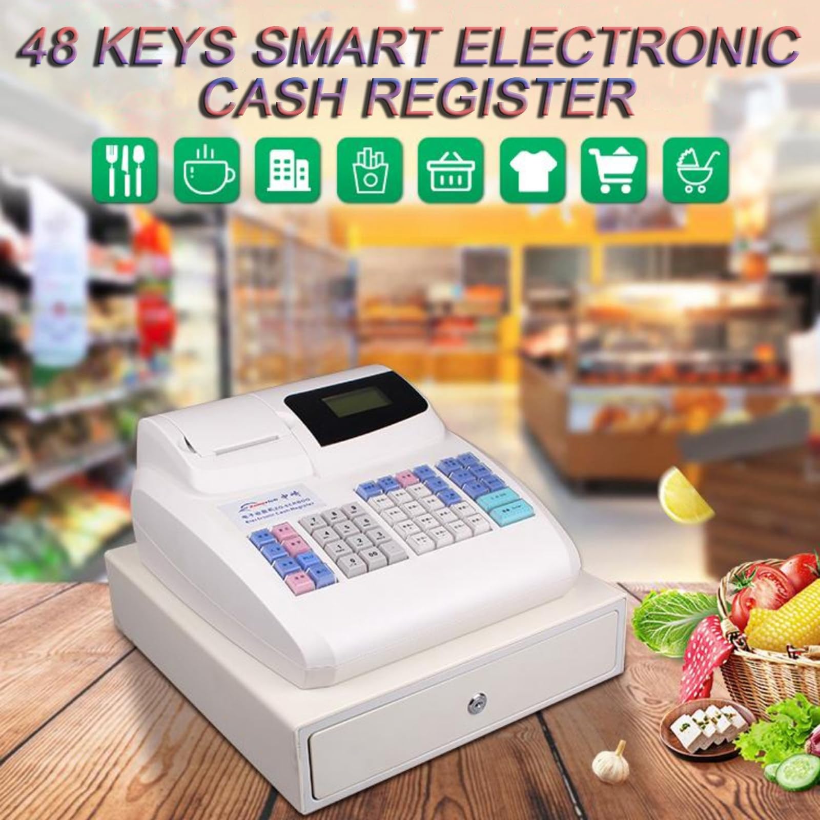 Caja registradora electrónica multifunción de 48 Teclas, Cajas Inteligentes con Impresora térmica, para Empresas, con Pantalla Principal y Pantalla para Clientes (White)