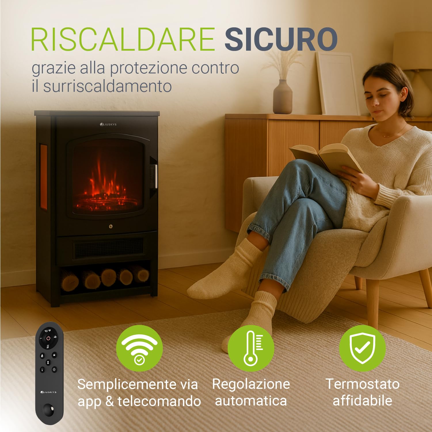 Juskys camino elettrico 1800W – Nero, stufa elettrica con effetto fiamma LED, WiFi/App, telecomando