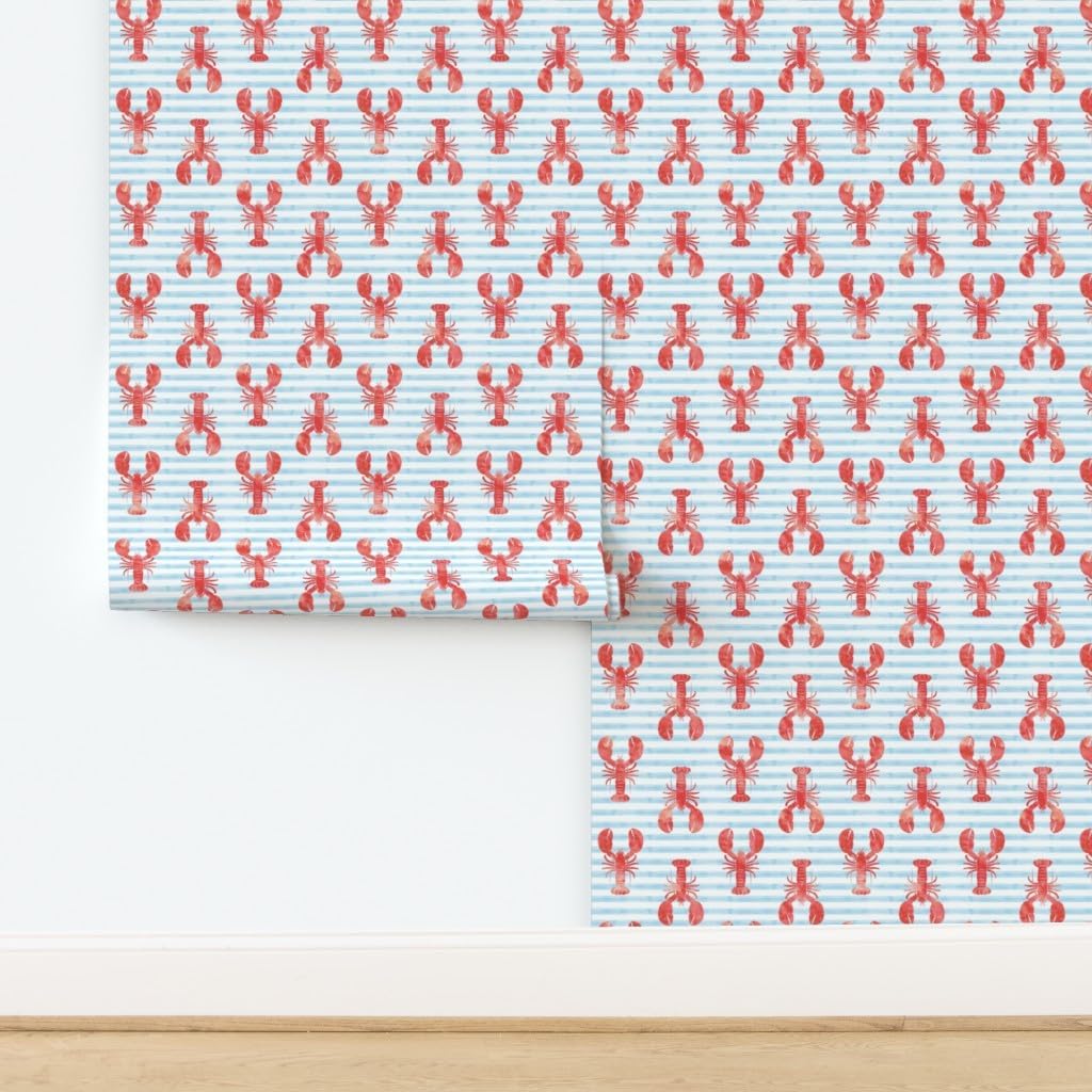 Peel & Stick Wallpaper Swatch - Lobsters Red Blue Stripes Summer Beach Watercolor Nautical Lobster Custom Removable Wallpaper by Spoonflower