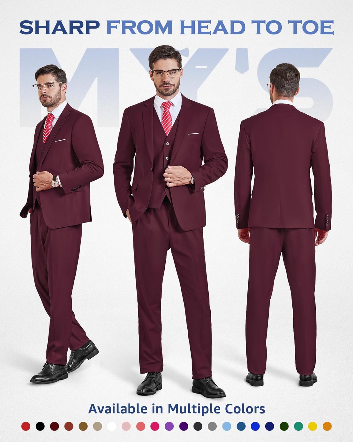MY'S Men's 3 Piece Slim Fit Suit Set, One Button Solid Jacket Vest Pants... - Picture 92 of 138