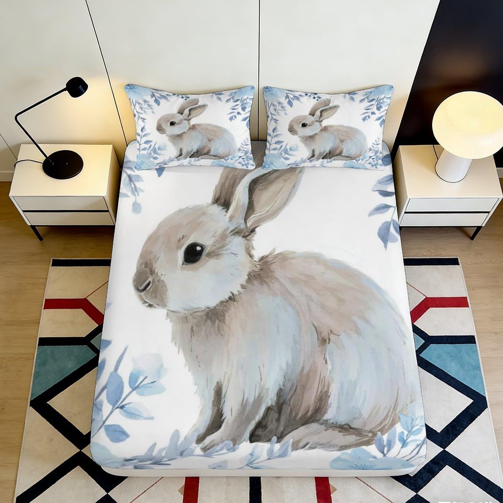 3D Printed Rabbit Meadow Fitted Sheet Microfiber Bedroom Decor Soft Washable Animal Bed Cover for Home Guestroom 90x200x25cm