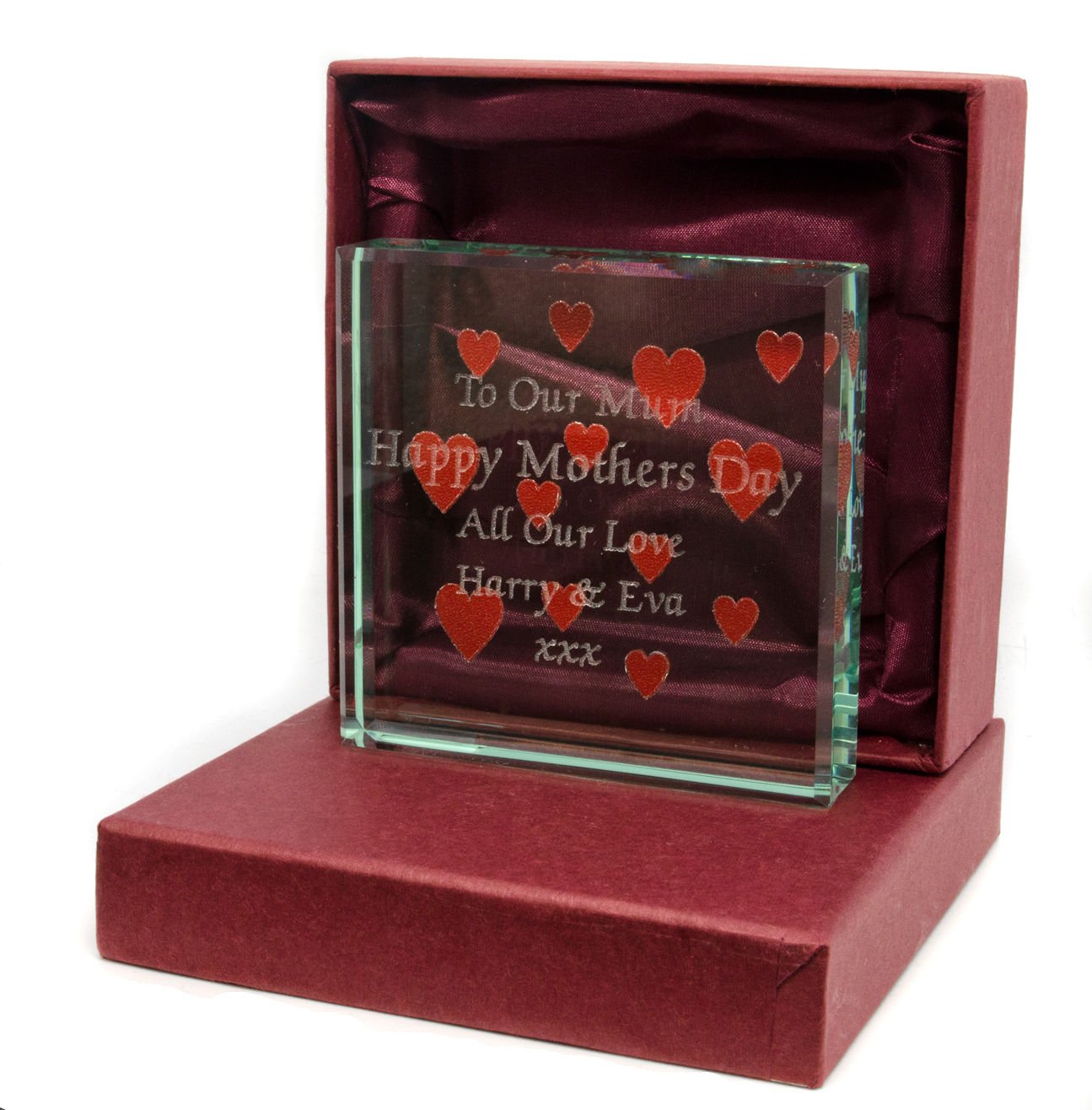 County Engraving Jade,Red Personalised Jade Glass Block Large (8Cm X 8Cm), Laser Engraved Multiple Hearts With Gift Box - Enter Your Own Custom Text