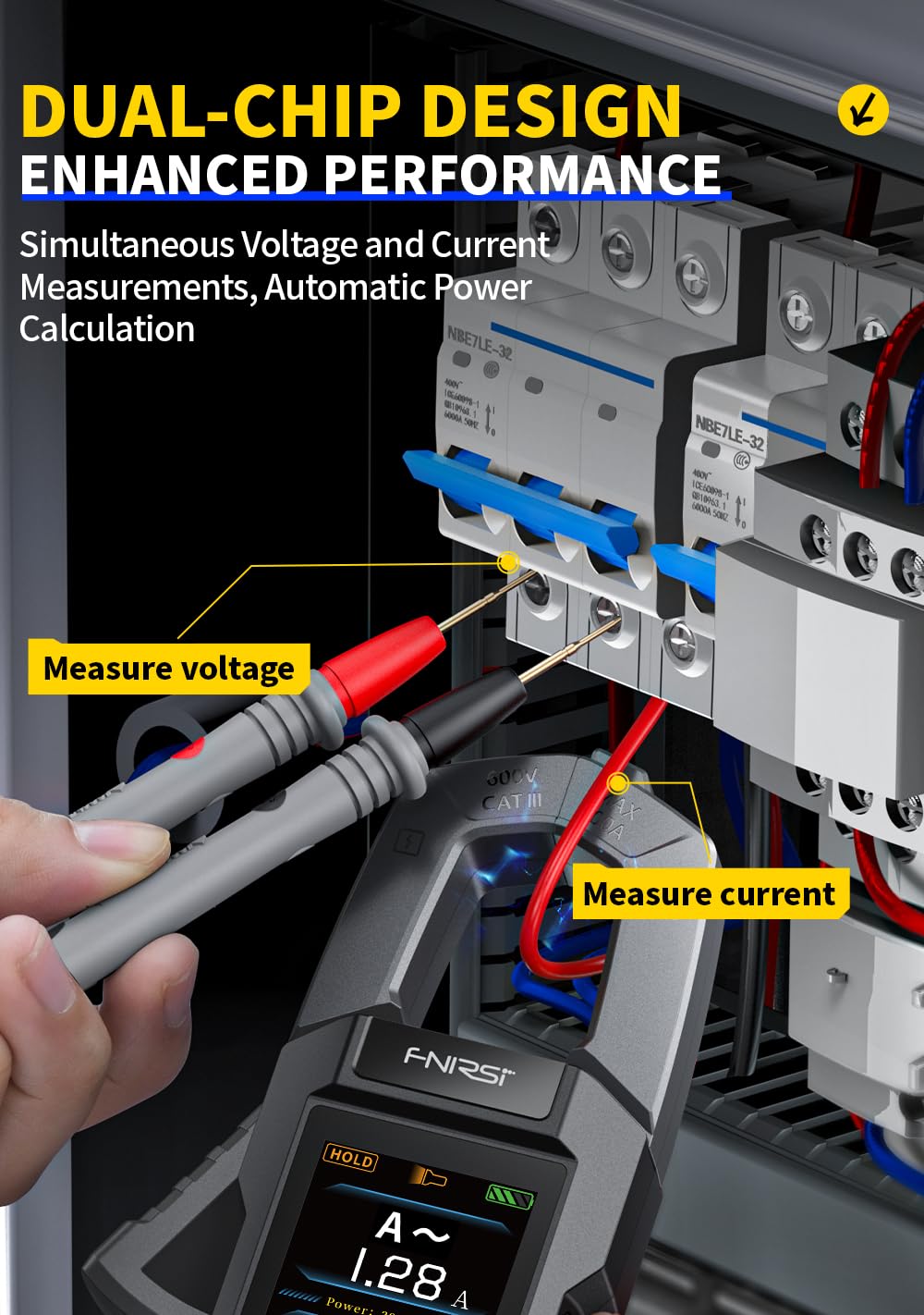 【Newly Upgraded】 FNRSI DMC-100 10000-Count True RMS Clamp Meter, 600A AC/DC Current & 750V Voltage Tester, NCV Detection, Temperature, Color Screen with Waveform, Power Meter, Type-C Rechargeable