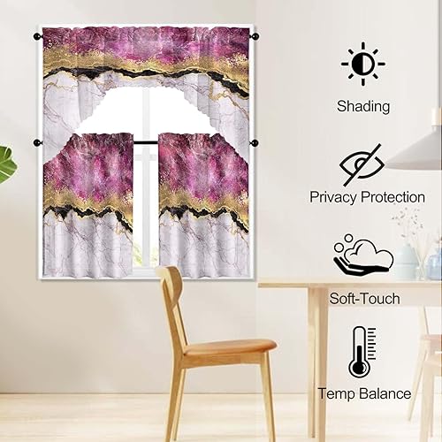 Miniatura 2 de Cortina, cenefa de mármol rosa oscuro y 2 niveles, cocina, 3 piezas, bolsillo para barra, 52 x 36 pulgadas, 100% poliéster, apagón, patrón de arte