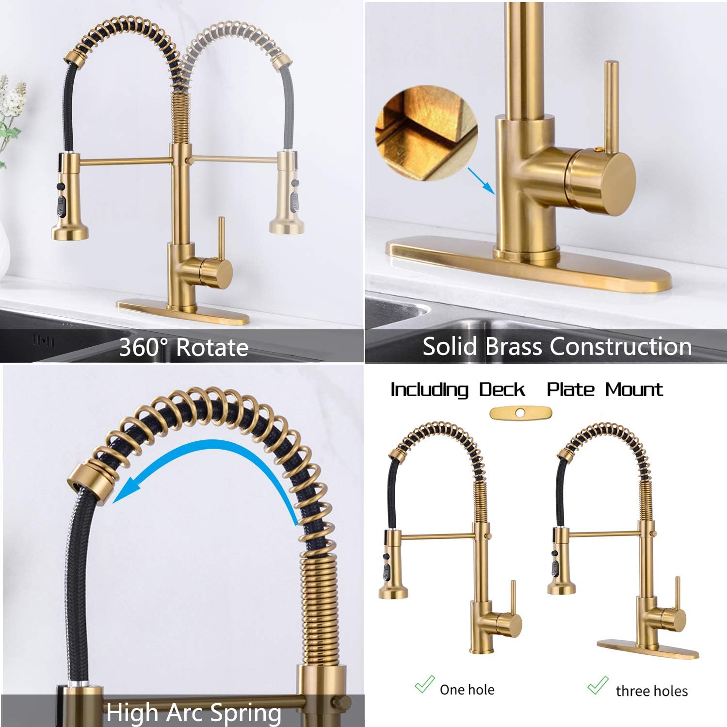 Tech Deals 🔥 BZOOSIU Pull Down Sprayer Kitchen Faucet, Solid Brass Kitchen Sink Faucet with Deck Plate, Commercial Spring Single Handle Kitchen Faucet, Brushed Gold