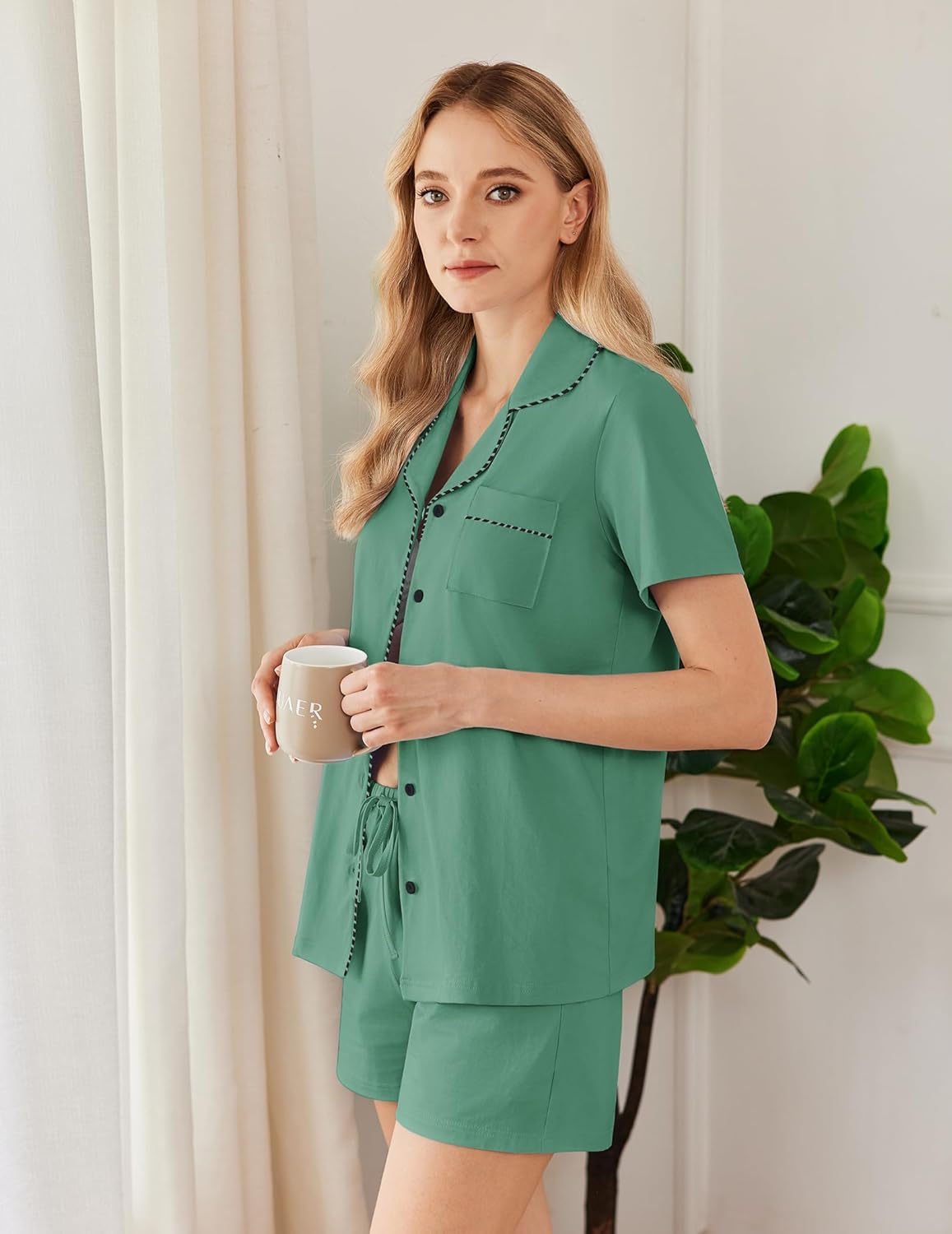 Ekouaer Womens Pajamas Set Button Down Pjs Lounge Sets Short Sleeve Sleepwear Soft Loungewear Nigthwear - Image 3