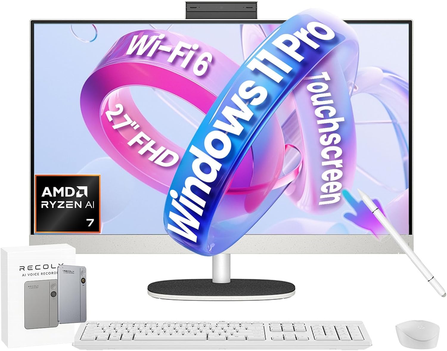 HP 27" All-in-One Touchscreen Desktop PC (2026), AMD Ryzen AI 7 350 (50 NPU Tops), Copilot+ PC, 32GB DDR5 RAM, 2TB SSD, FHD IPS Micro-Edge Display, Windows 11 Pro, Wi-Fi 6, Wireless KB & Mouse