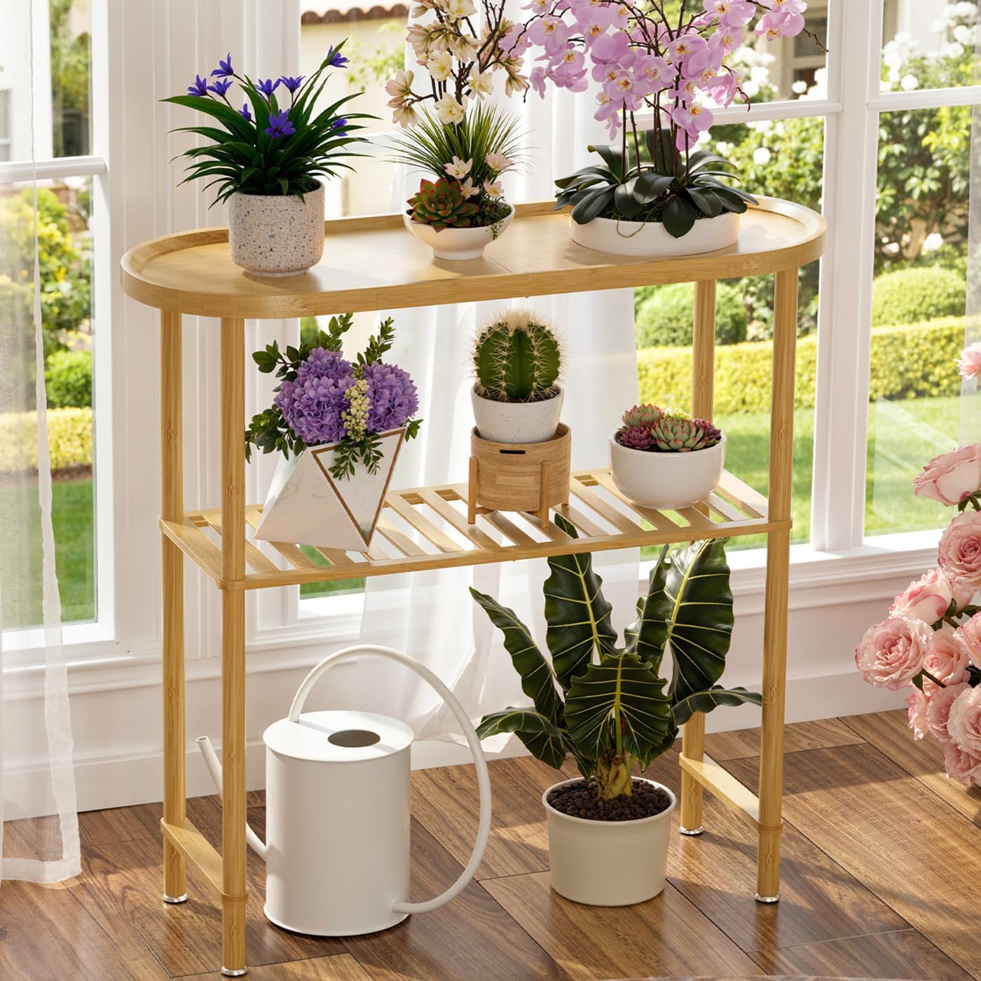 Small Entryway Table Bamboo 30.7", Narrow Hallway Table Oval Top 2-tier, Slim Console Table with Anti-fall Edge, Sofa Side Table 5min Easy Assembly, Small TV Stand for Bedroom, Indoor Plant Stand