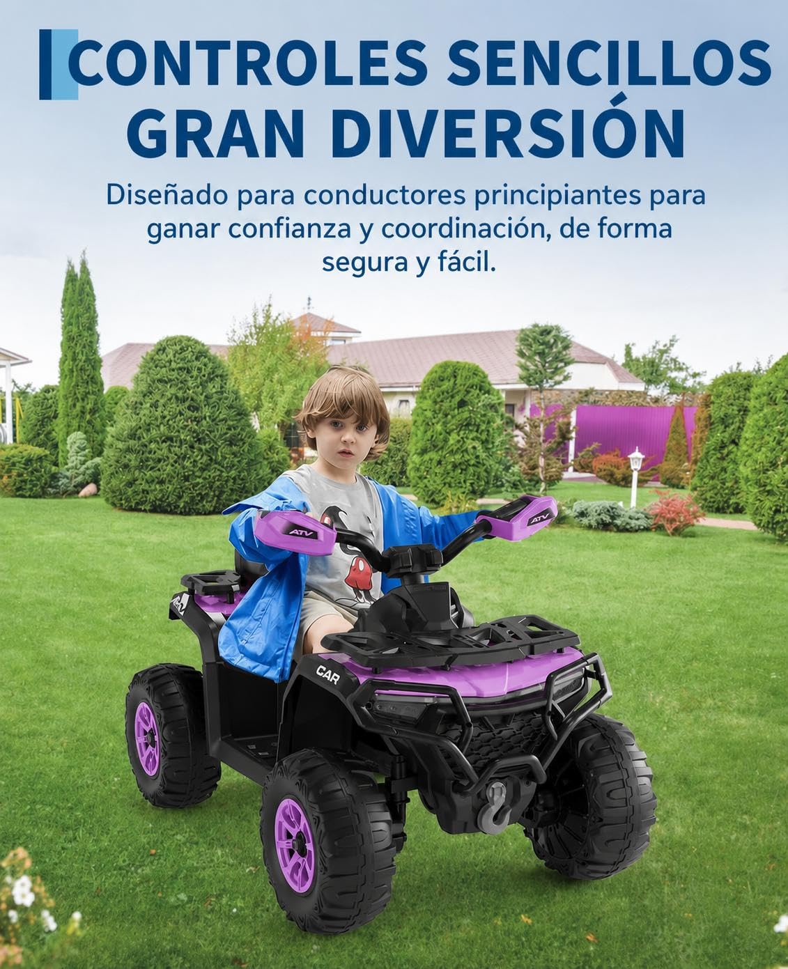 Garvee Elektryczny quad dla dzieci 12 V, elektryczny samochód terenowy z 2 silnikami, pilot rodzicielski, zawieszenie, reflektory LED, muzyka, Bluetooth, USB, świecąca flaga, od 3 lat