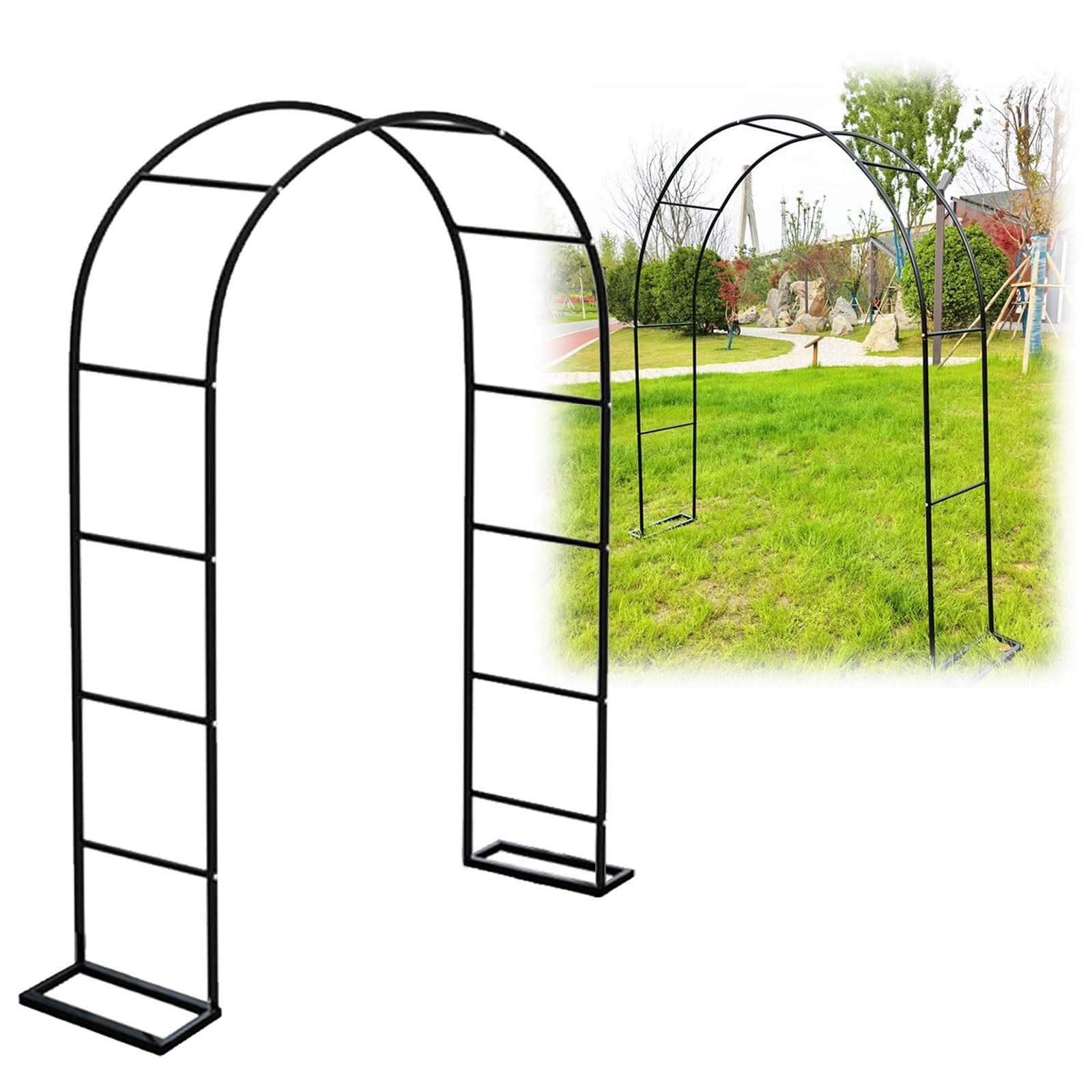Łuk ogrodowy, czarno-biały, metalowa altana, dekoracyjna pergola ogrodowa z podstawą na ceremonię ślubną, imprezę, róże pnące, trawnik, podwórko, taras (czarny, dł. 138 x szer. 16 x wys. 87)