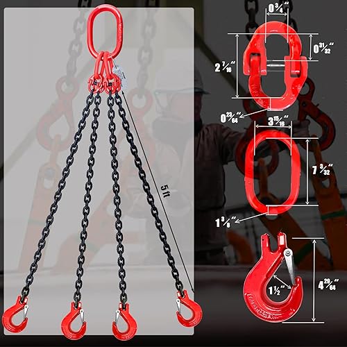 Miniatura 2 de Eslinga de cadena de 6 toneladas y 4 patas de 516 pulgadas, 5 pies, acero de aleación G80 de 4 vías, eslingas de pierna cuádruple con 4 ganchos de