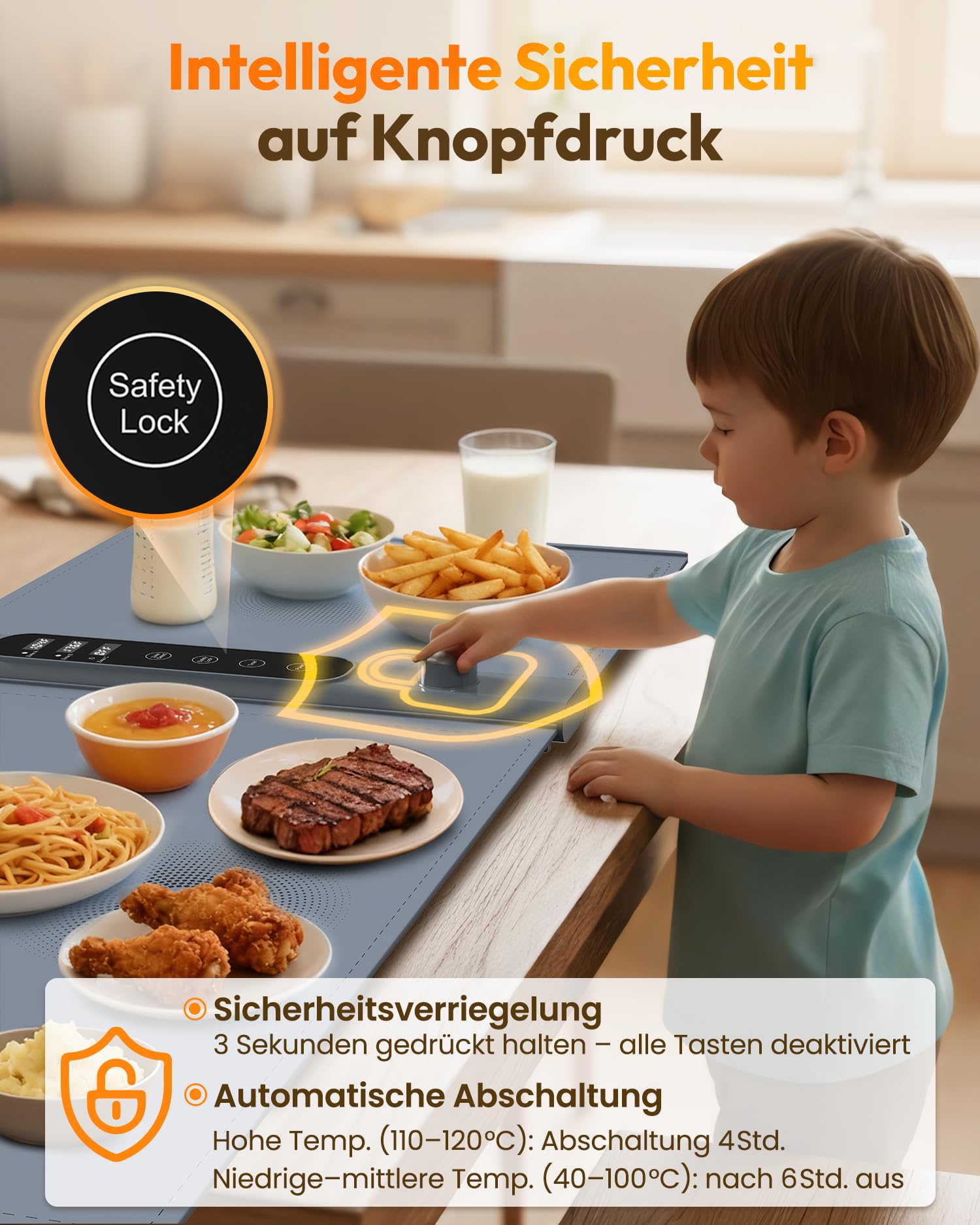3-Zonen unabhängige Warmhalteplatte für Speisen 101×43 cm XXL, Elektrische Speisenwärmer mit 17 Temperaturstufen & 1–6 h Timer, Silikon-Rollbarer Buffetwärmer & Wärmeplatte Essen für Party-Buffets