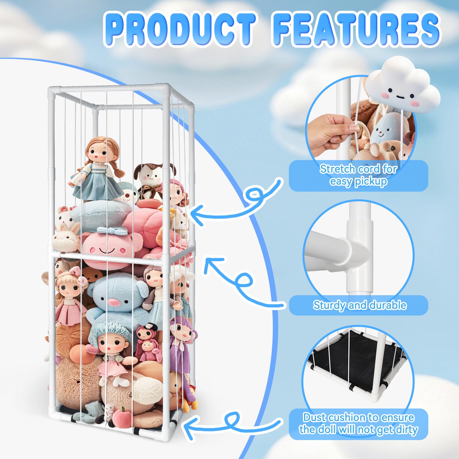 EULXSUD Stuffed Animal Zoo Storage - Tall PVC Material Toy Organizer with Elastic Cords & Shelf, Space-Saving Plushie Playhouse for Nursery, Playroom, Kids Bedroom - Easy Assembly
