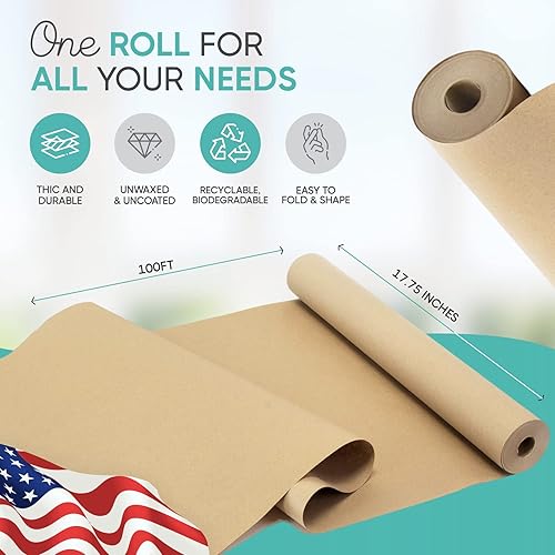 Miniatura 3 de Rollo de papel kraft marrón de 17.75 x 1200 pulgadas (100 pies), fabricado en Estados Unidos, ideal para envoltura de regalos, papel de embalaje
