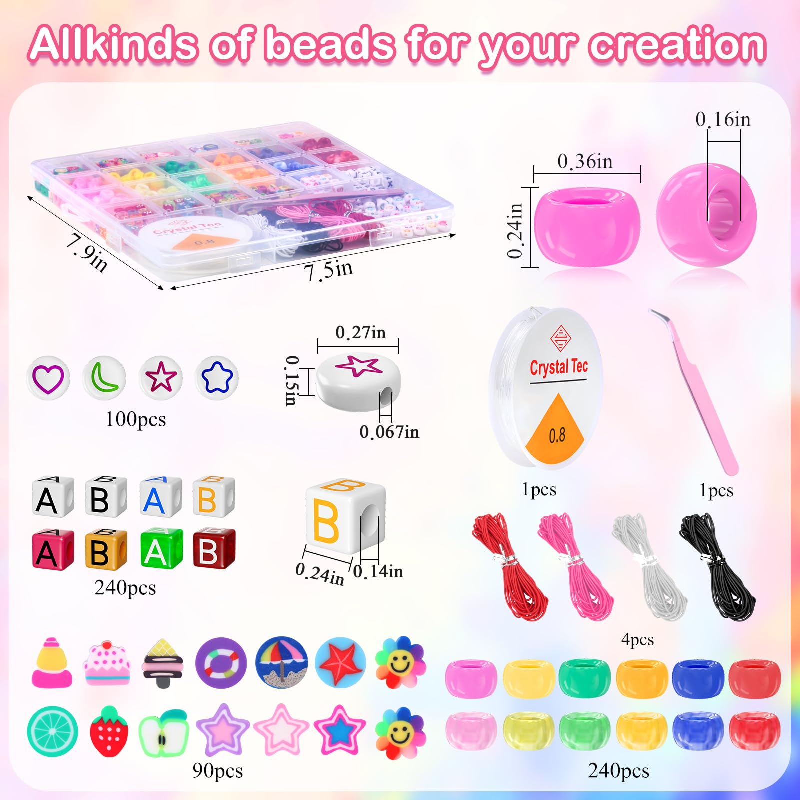 TLAOKLIU Pony Beads Bracelet Kit, Friendship Bracelet Making Kit Kandi Bead Bracelet Includes Alphabet Beads Polymer Clay Beads Flat Round Beads Rainbow Plastic Beads DIY Crafts Jewelry Making