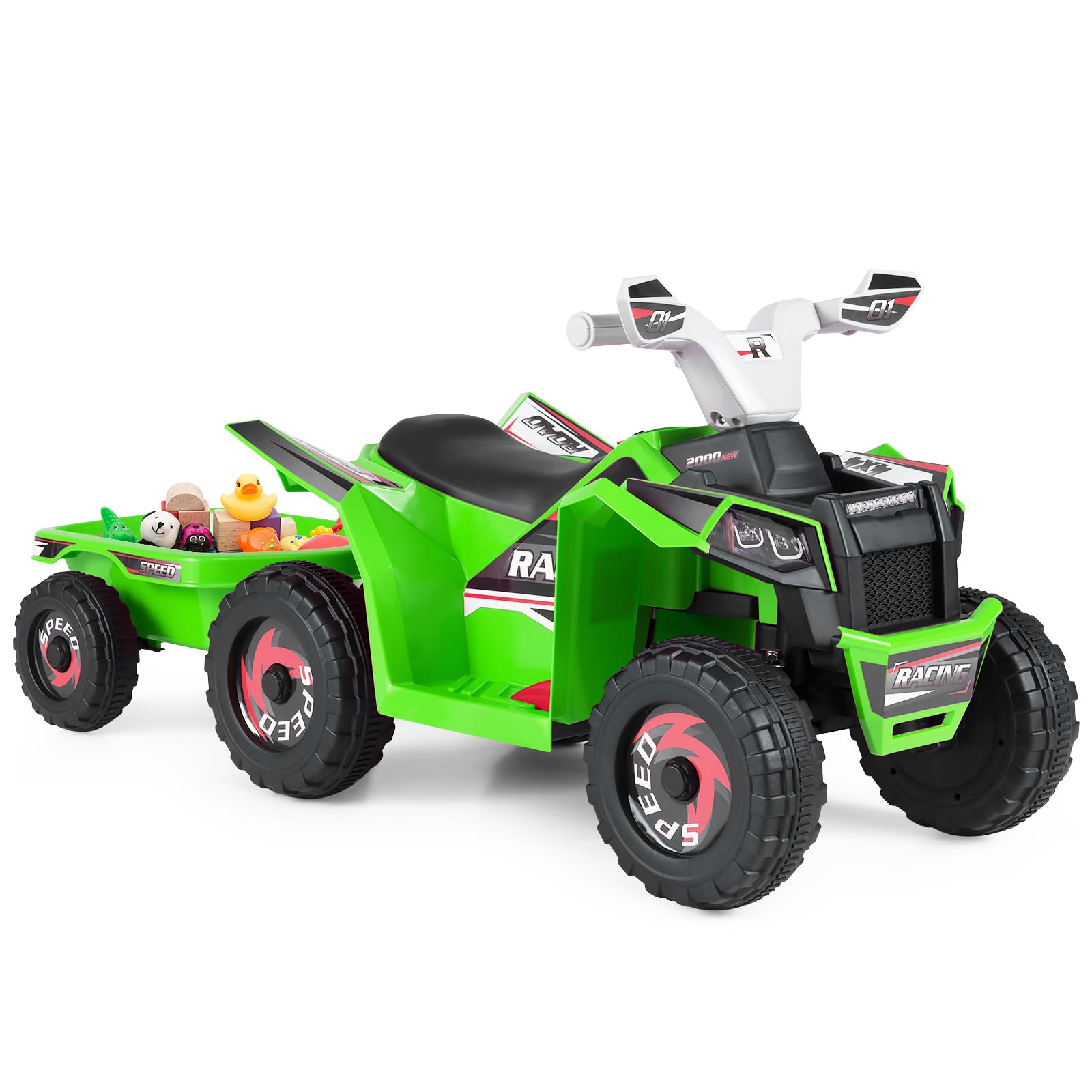 COSTWAY 6V Kids Electric Ride on ATV Car, Battery Powered Quad Bike with Removable Back Trailer, 4 Wear-Resistant Wheels, Forward/Backward/Reverse Button, for Boys Girls 3+ Years Old (Green)