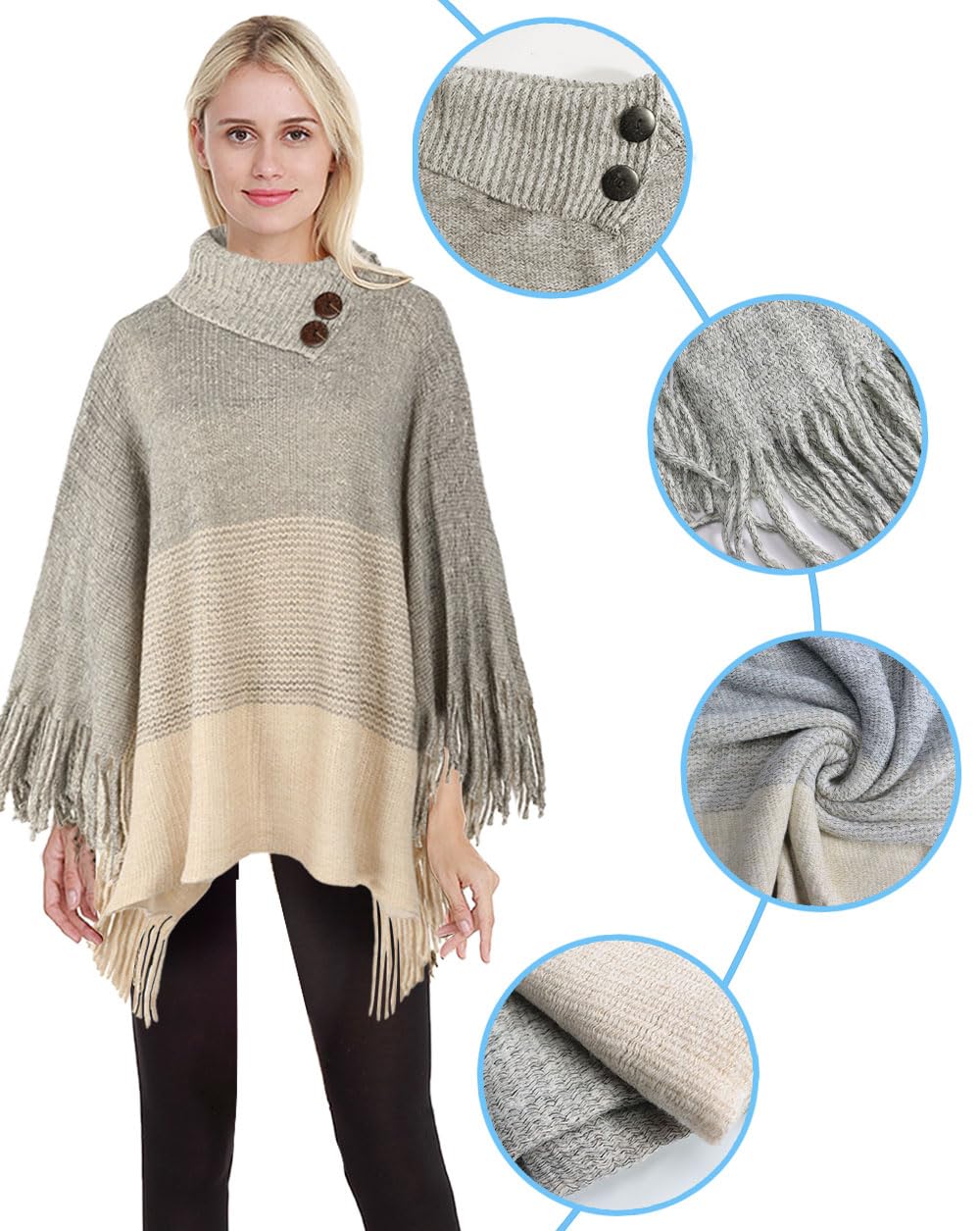 JFAN Poncho Donna Invernale Mantella Donna Poncio Invernali Caldo Elegante con Frange a Collo Alto con Maniche Bottoni