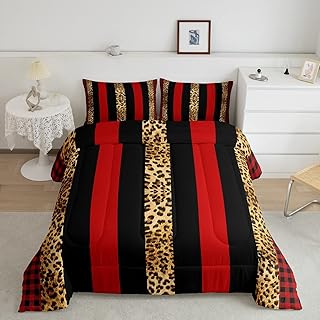 Manfei Leopard Comforter Set King Size, Brown Cheetah Print Quilt Set with 2 Pillowcases, Red Black Plaid Stripe Print Bedding Set 3pcs for Kids Boys Girls Room Decor, Animal Print Duvet Insert