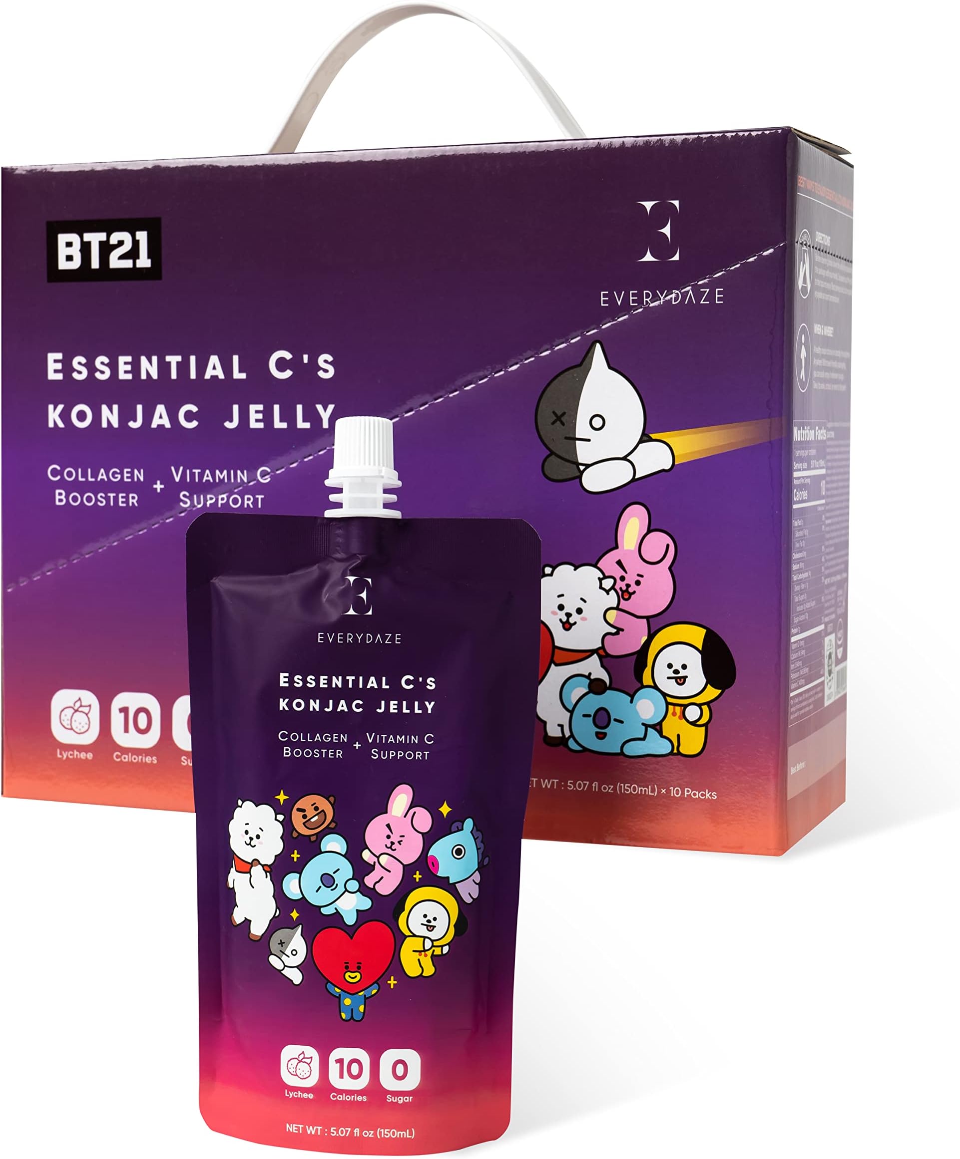 E EVERYDAZE BT21 Essential Cโs Collagen + Vitamin C Konjac Jelly | Vegan, 10 Calories, 0 Sugar | Lychee | 10 Packs | Healthy Diet Pouch Drinkable Snack Drink, Weight Management