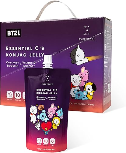 EVERYDAZE BT21 Essential C's Colágeno + Vitamina C Konjac Jelly  Vegano, 10 calorías, 0 azúcar, lichi  10 paquetes  Bolsa de dieta saludable bebida