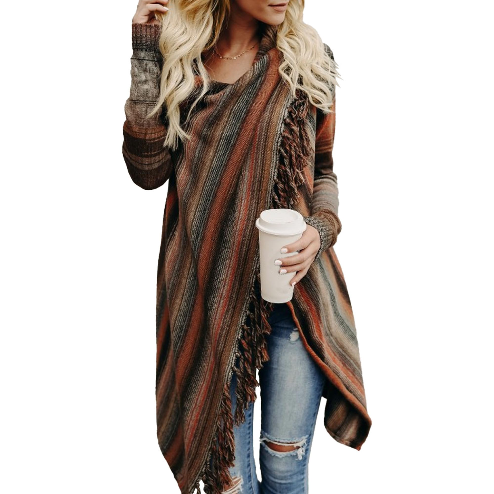 Thin Cardigans for Women Lightweight Open Front Knited Tassels Slash Loose Cardigan Crew Neck Speckled Fringe Sweater Outwear