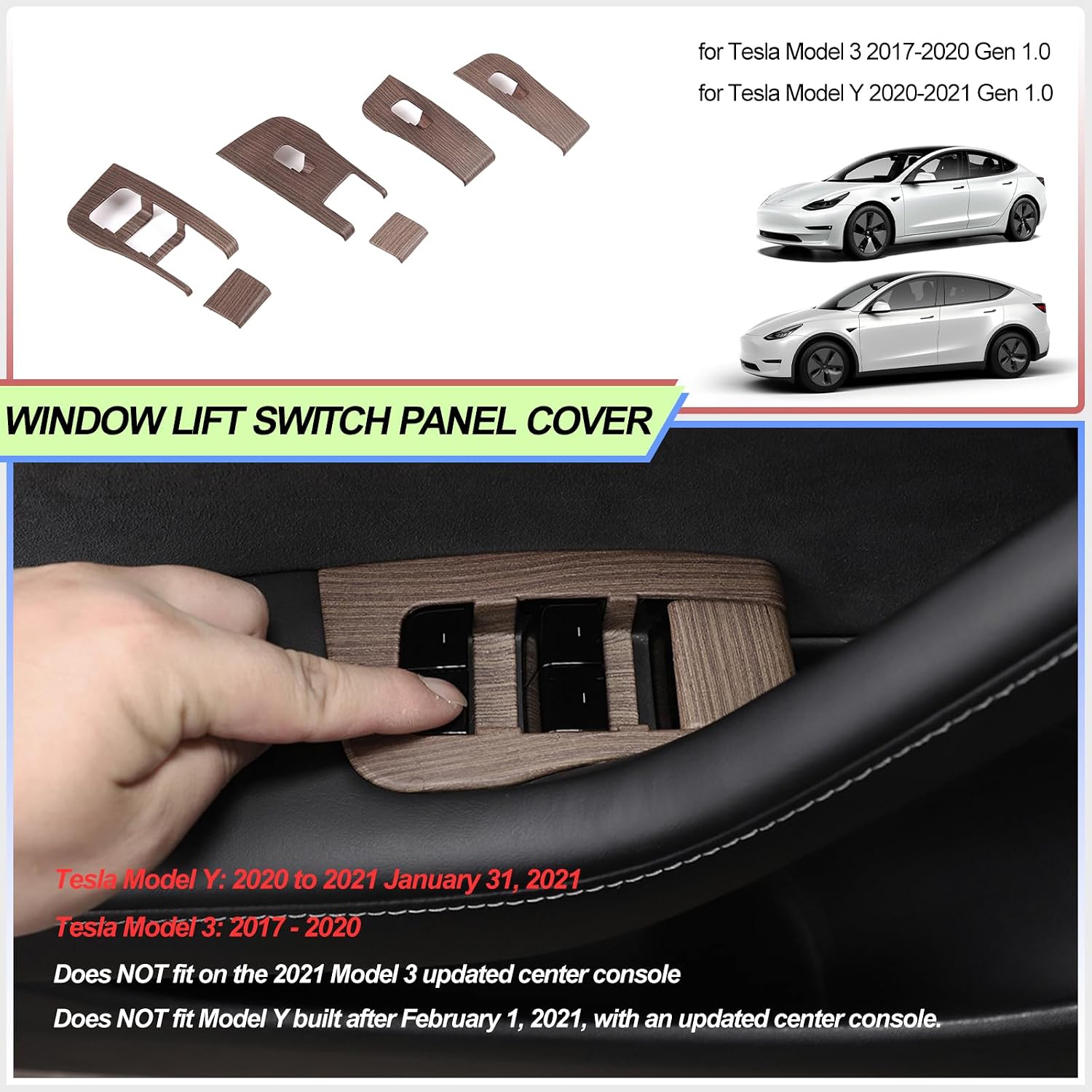 Window Lift Button Switch Panel Trim Cover Frame for Tesla Model 3 2017-2020, Door Glass Lifter Switch Panel Cover Trim for Tesla Model Y 2020-2021 Door Window Control Switch Panel Bezel Frame ABS