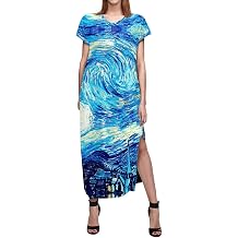 ENLACHIC Womens Van Gogh Print Short Sleeve Side Split Casual Loose Maxi Dress with Pockets