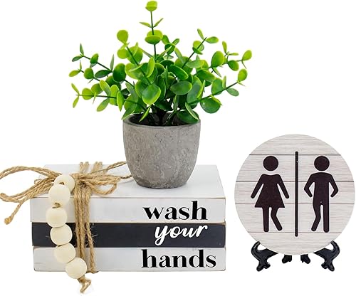 Letreros para decoración de estante de baño, pila de libros y letreros 3D redondos con plantas falsas, divertido letrero de madera rústico para