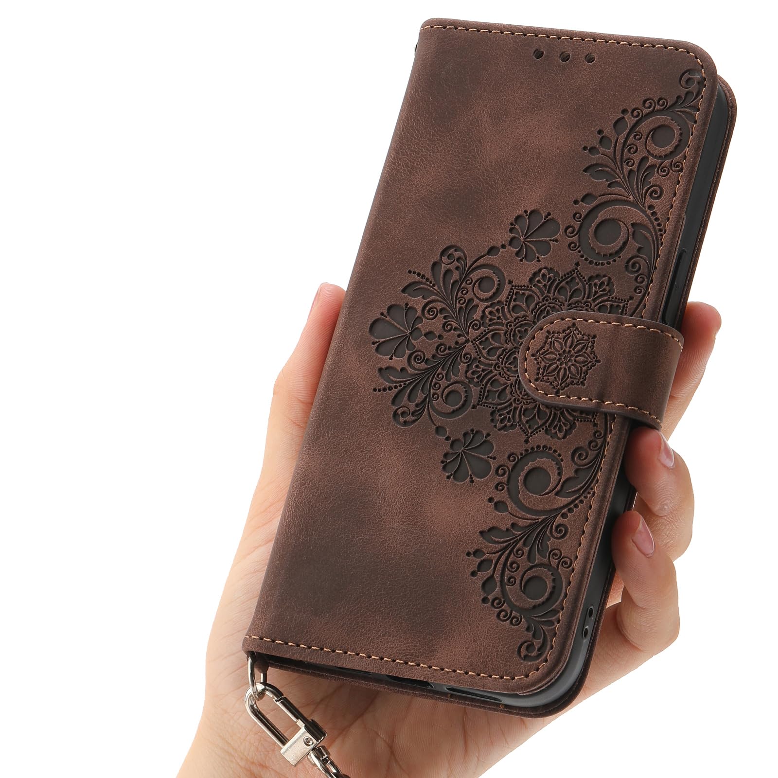 Etui na telefon Auslbin Flower dla Xiaomi Poco X6 Pro 5G/ Redmi K70e 6.67", 5 miejsc na karty Etui ochronne ze skóry PU w stylu vintage dla Poco X6 Pro 5G/ K70e, brązowy