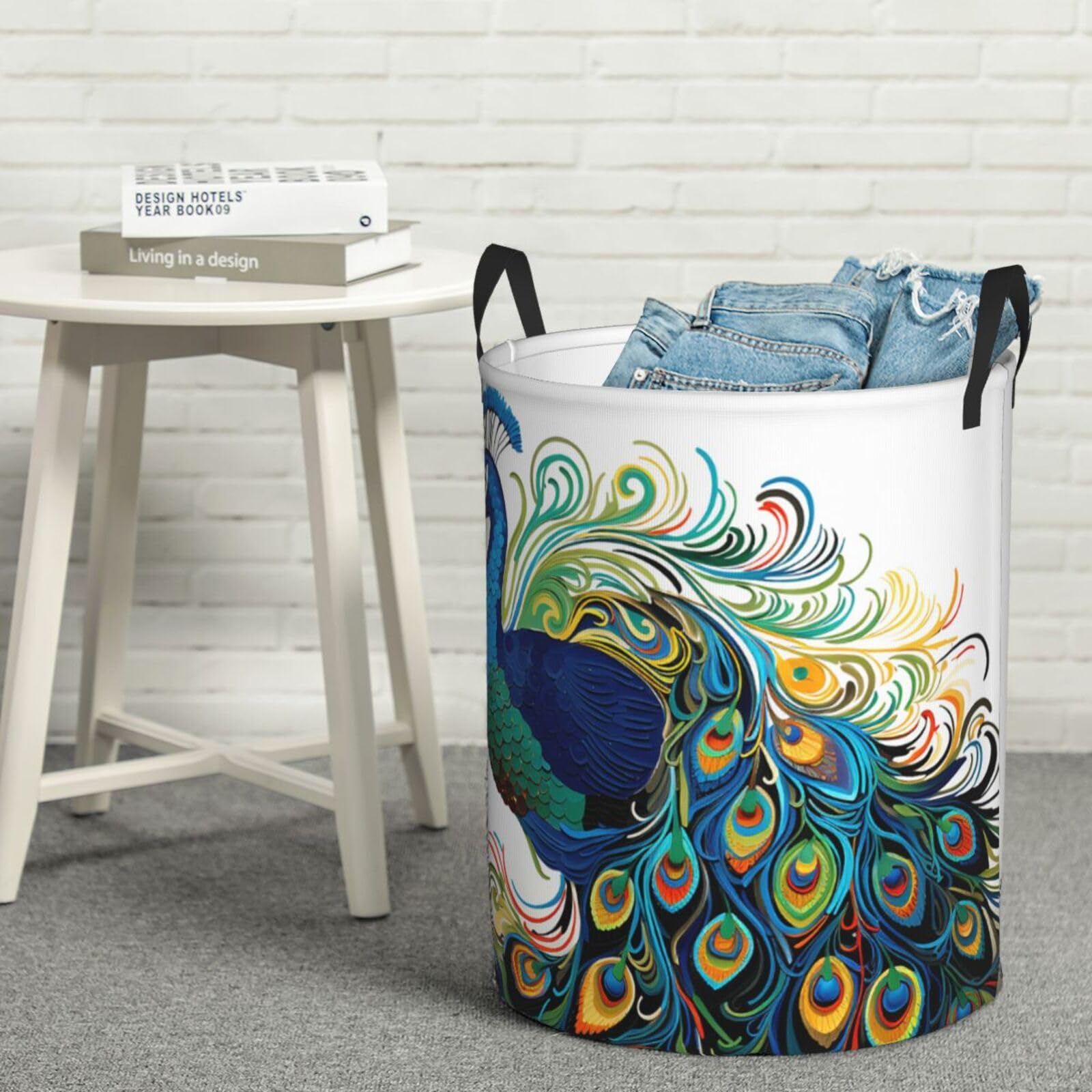 Fodpand Black Peacock Pattern Laundry Basket With Handle, Freestanding Laundry Hamper, Collapsible Dirty Clothes Hamper, Waterproof Fabric Blanket Storage Basket Tall Toy Storage Bin Room Decor Small
