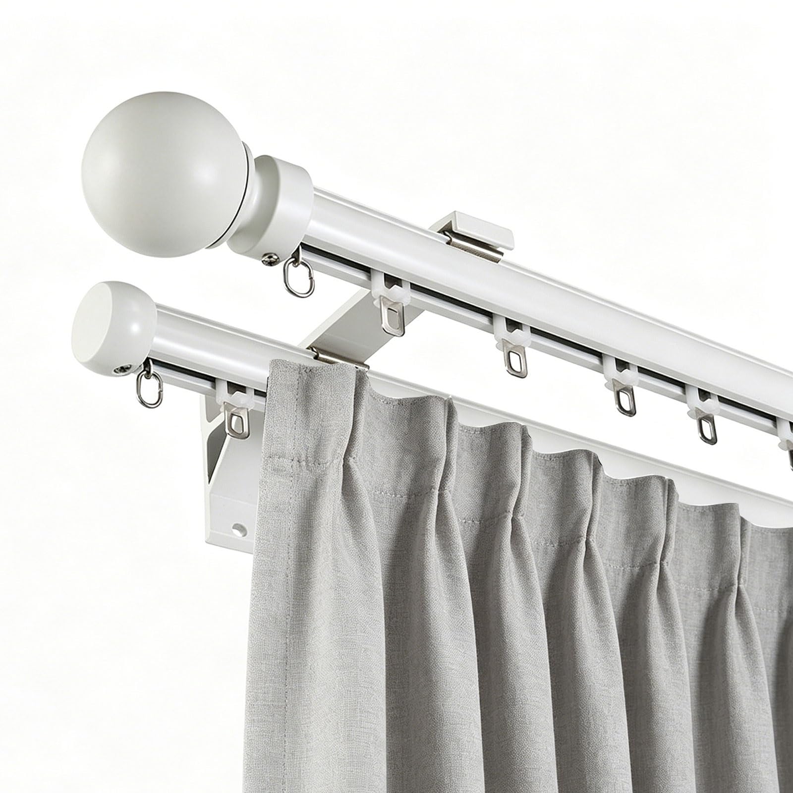 Jixcjhj White Double Curtain Track For Windows, Wall Mounted Silent Heavy-Duty Aluminum Curtain Rail Rod Decorative Round Finials For Living Room, Bedroom, Office(,1M/3.3Ft)