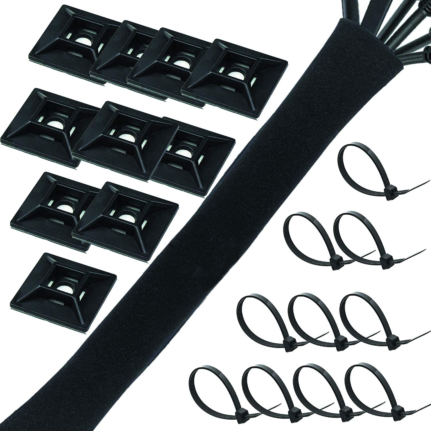 Cable Management Sleeve and Wire Cord Organizer with 10 Mount and Ties. Adjustable Premium Neoprene Wraps for Computer Desk, TV, Electrical Cables and Cords Organization Keeper. 118 Inches.
